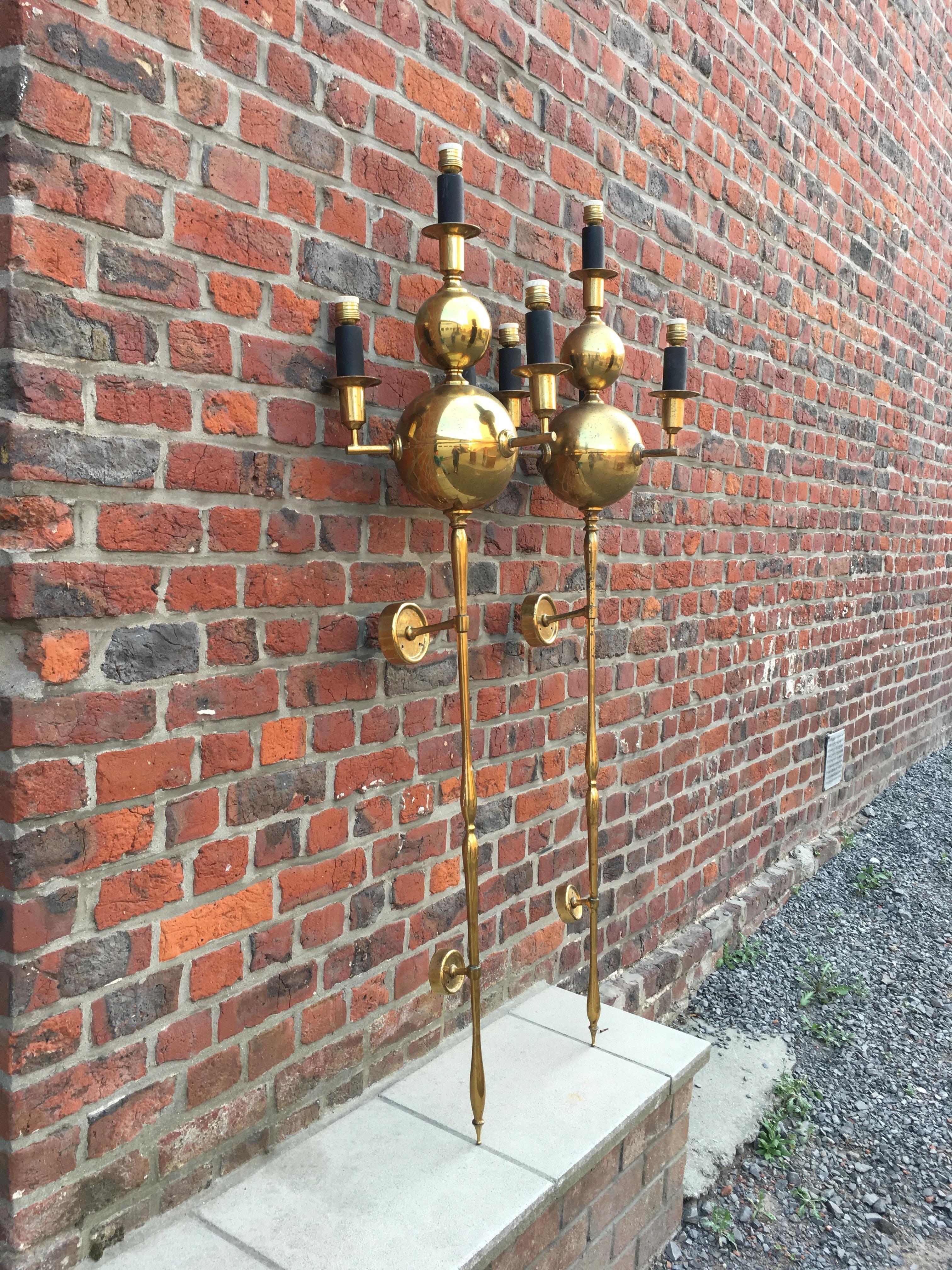 Pair of Very Large Brass Sconces, circa 1950 For Sale 1