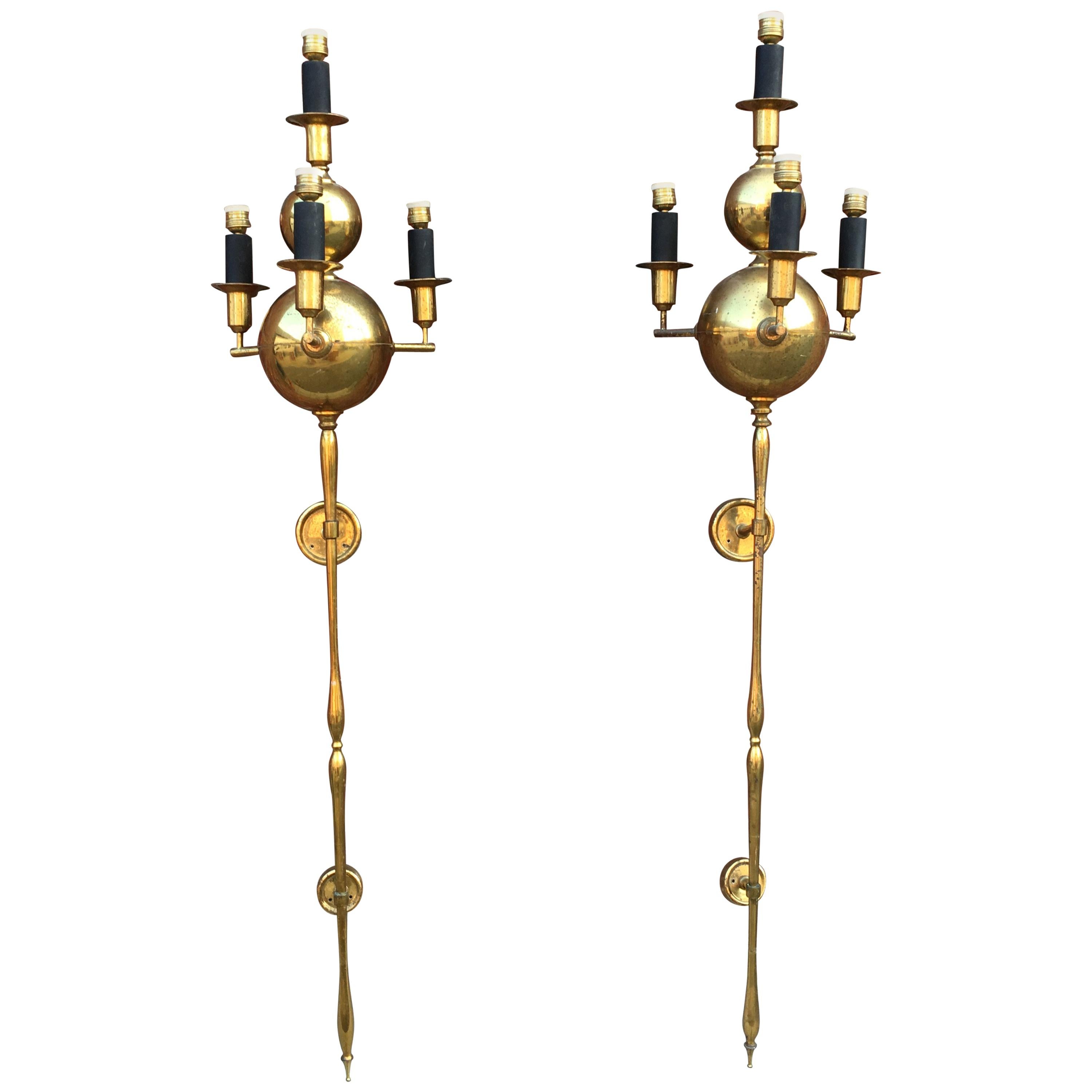Pair of Very Large Brass Sconces, circa 1950 For Sale