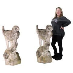 Pair of Very Large Cast Stone or Cement Antique French Cherub Putti Planters 