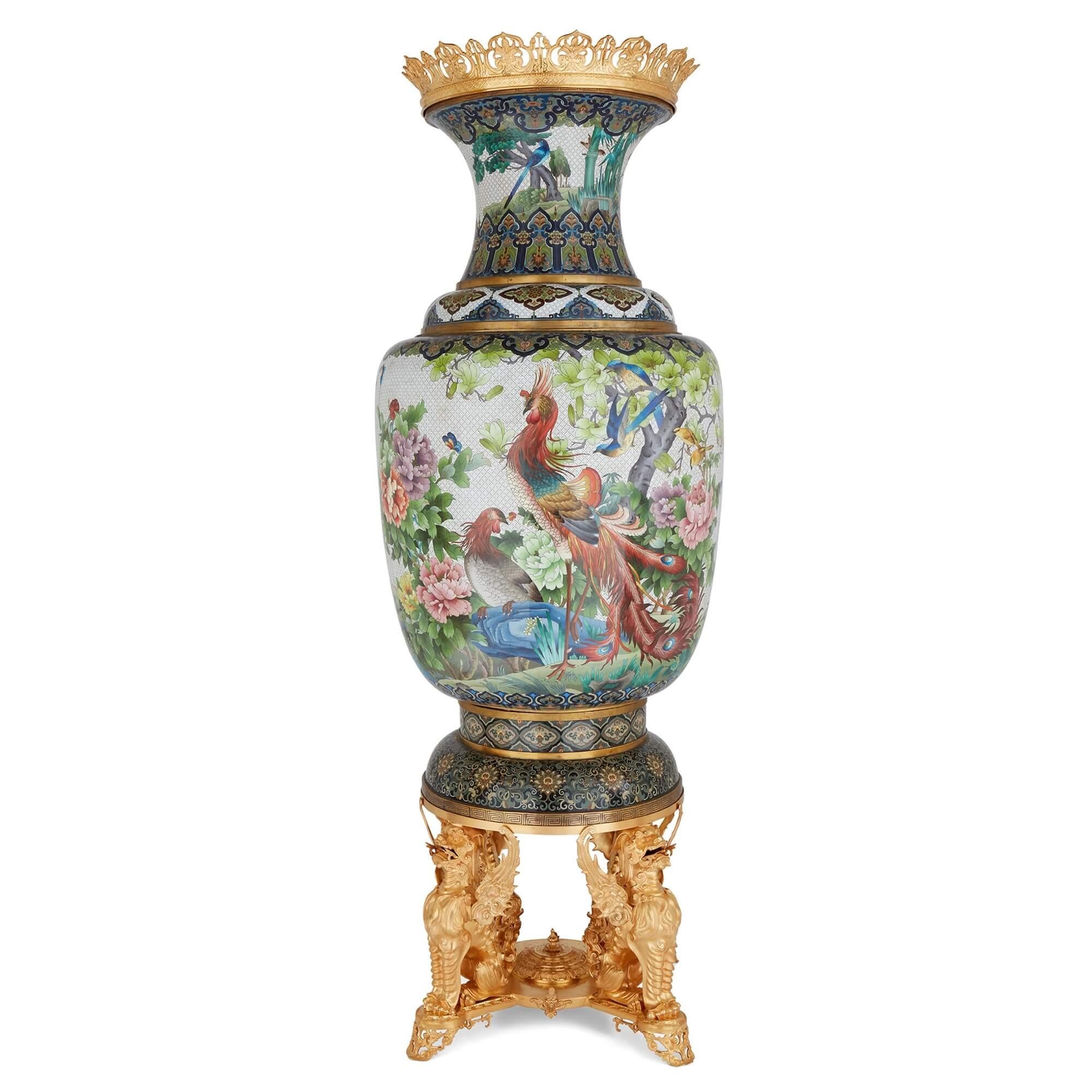 Pair of Very Large Chinese Cloisonné Enamel Vases with French Ormolu Mounts  For Sale 7