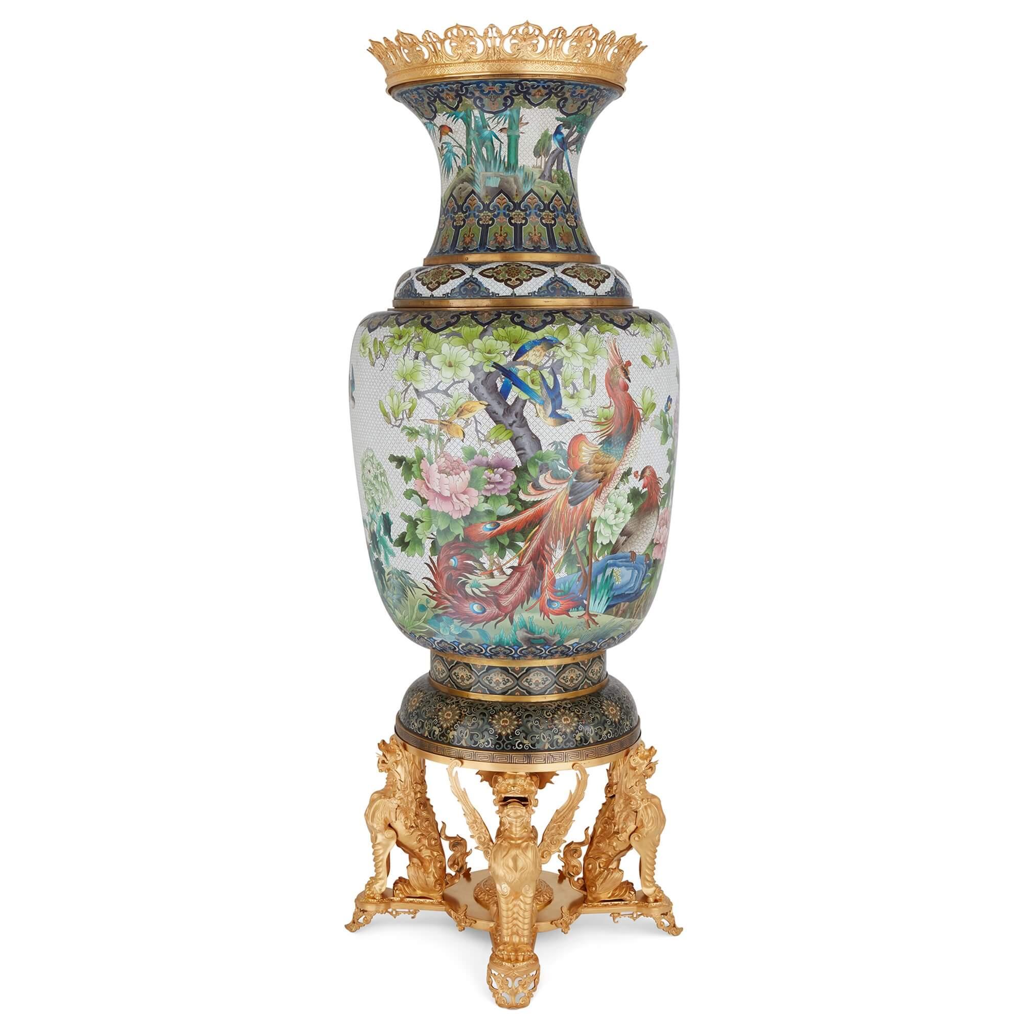 Cloissoné Pair of Very Large Chinese Cloisonné Enamel Vases with French Ormolu Mounts  For Sale