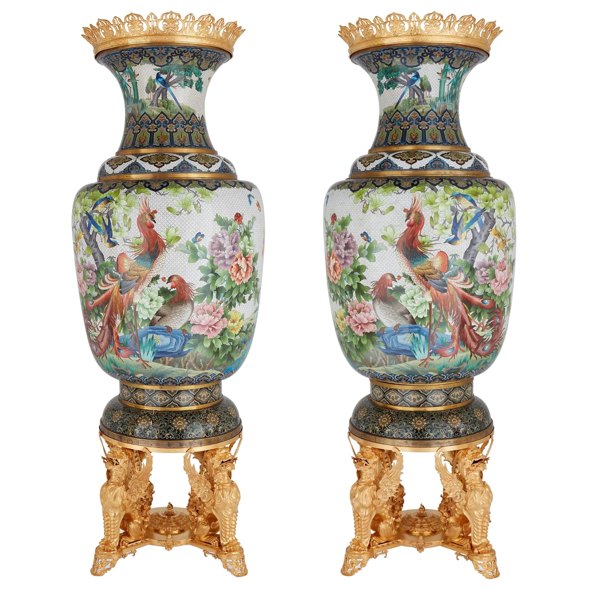 Pair of Very Large Chinese Cloisonné Enamel Vases with French Ormolu Mounts