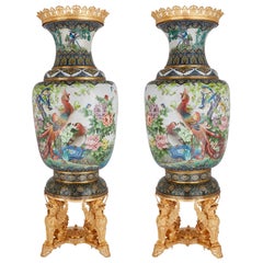Pair of Very Large Chinese Cloisonné Enamel Vases with French Ormolu Mounts