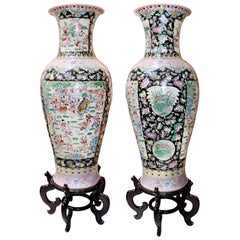 Vintage Pair of Very Large Chinese Famille-Noir Porcelain Vases