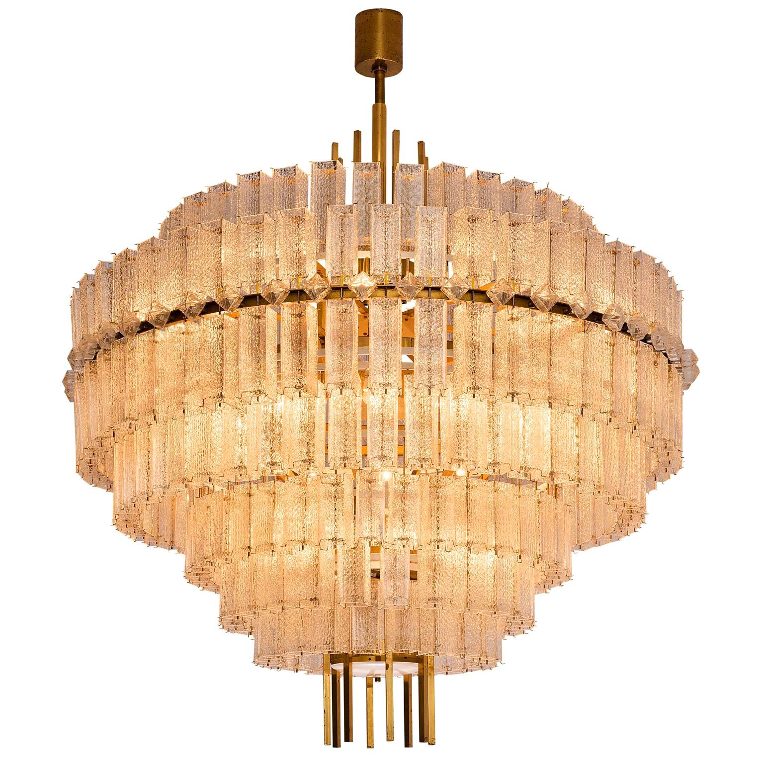 Pair of Very Large Circular Chandelier in Brass and Structured Glass