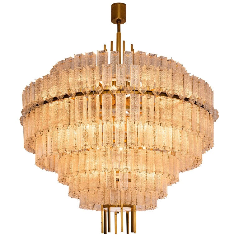 Pair Of Very Large Circular Chandelier In Brass And Structured Glass For Sale At 1stdibs