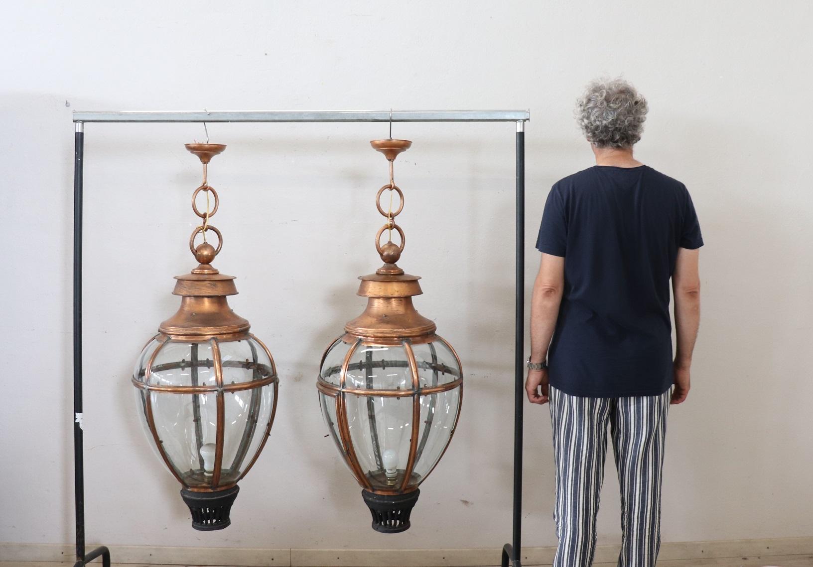 Pair of Very Large Copper and Glass Lanterns, Italy 1940s For Sale 7