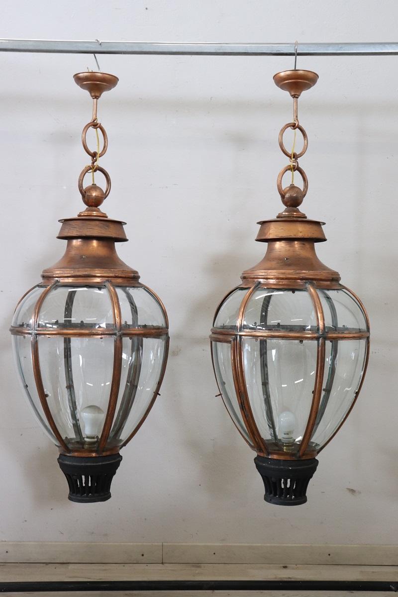 Italian Pair of Very Large Copper and Glass Lanterns, Italy 1940s For Sale