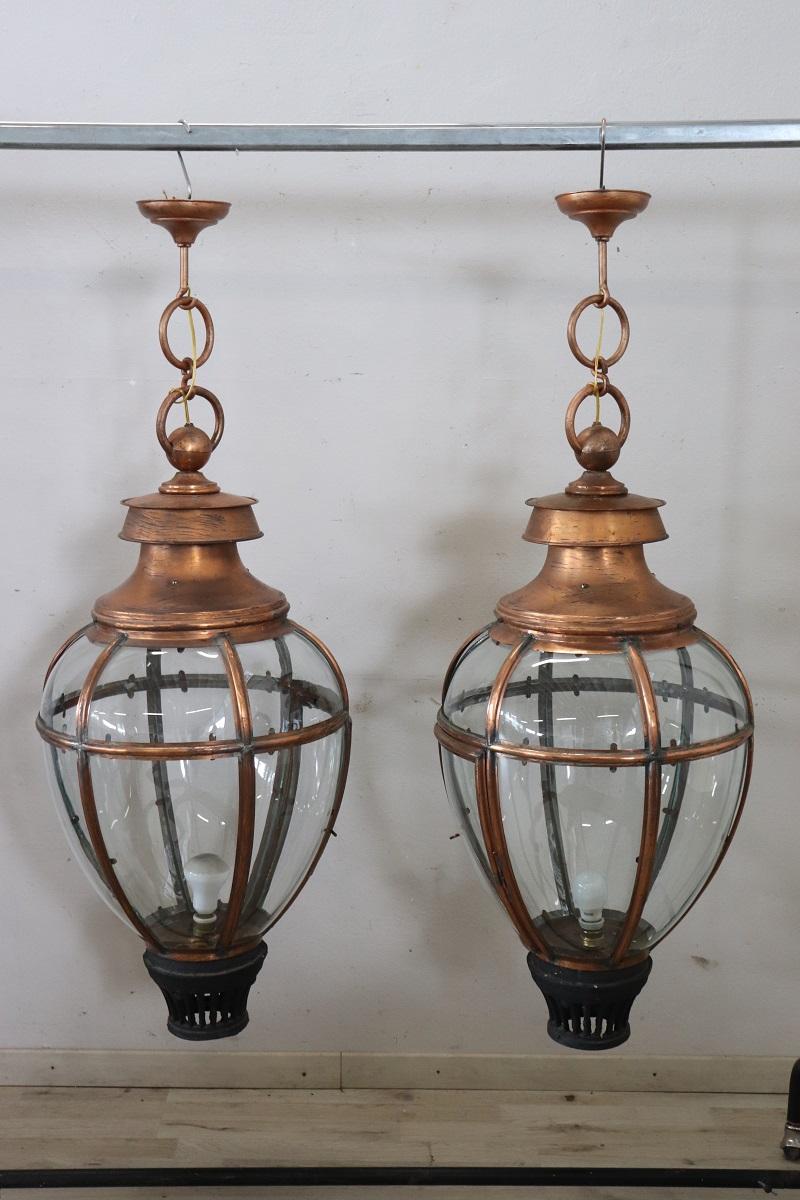 Pair of Very Large Copper and Glass Lanterns, Italy 1940s In Excellent Condition For Sale In Casale Monferrato, IT