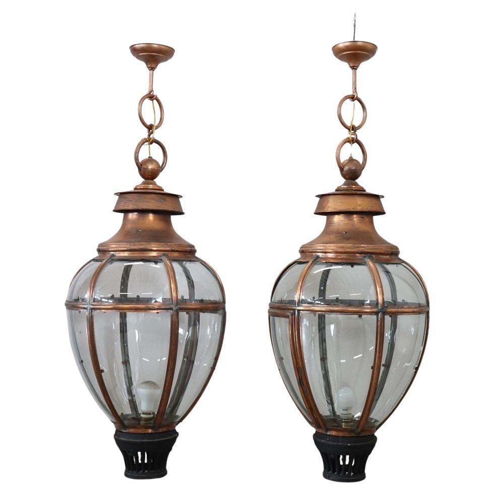 Pair of Very Large Copper and Glass Lanterns, Italy 1940s For Sale