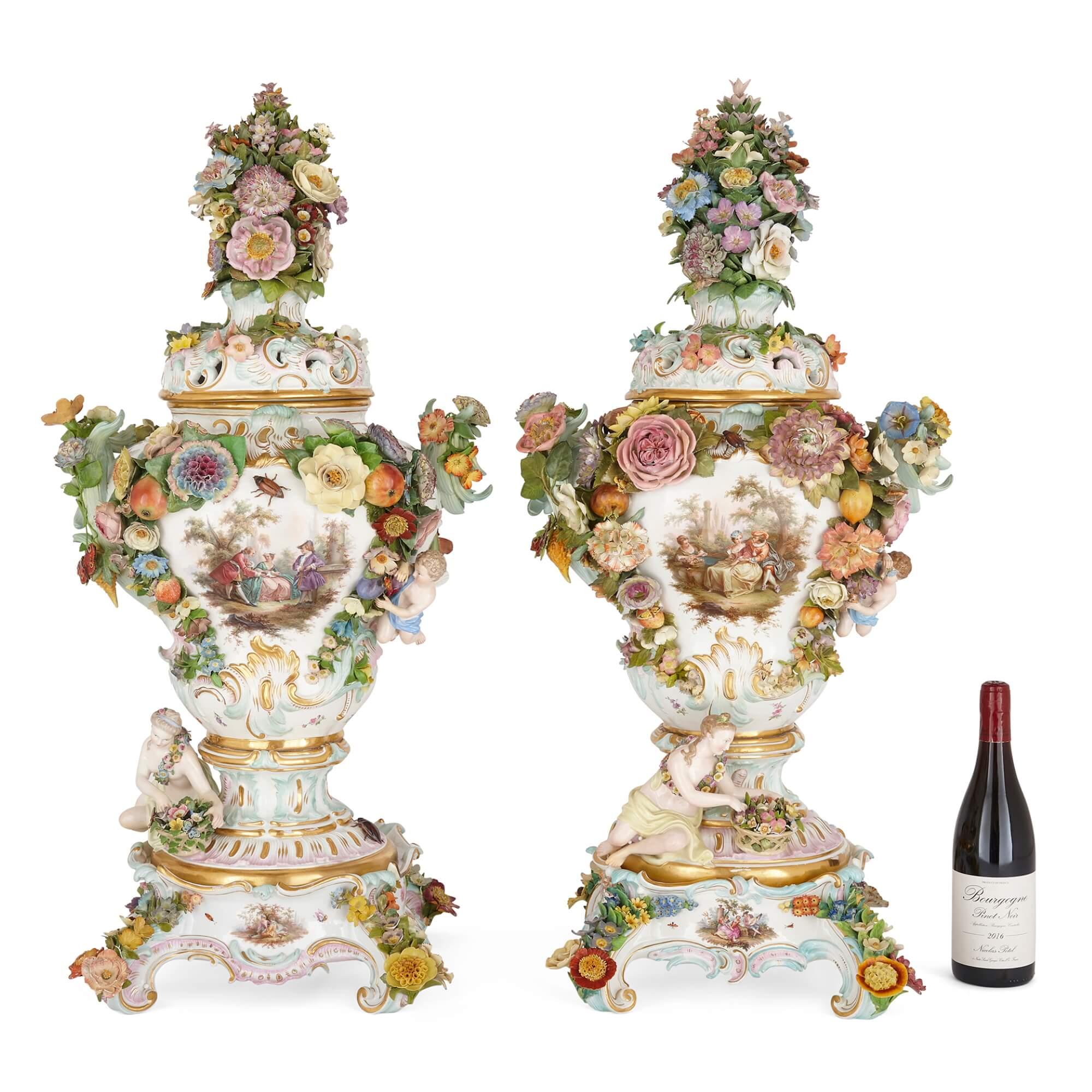 Pair of Very Large Floral Rococo-style Meissen Potpourri Vases For Sale 10