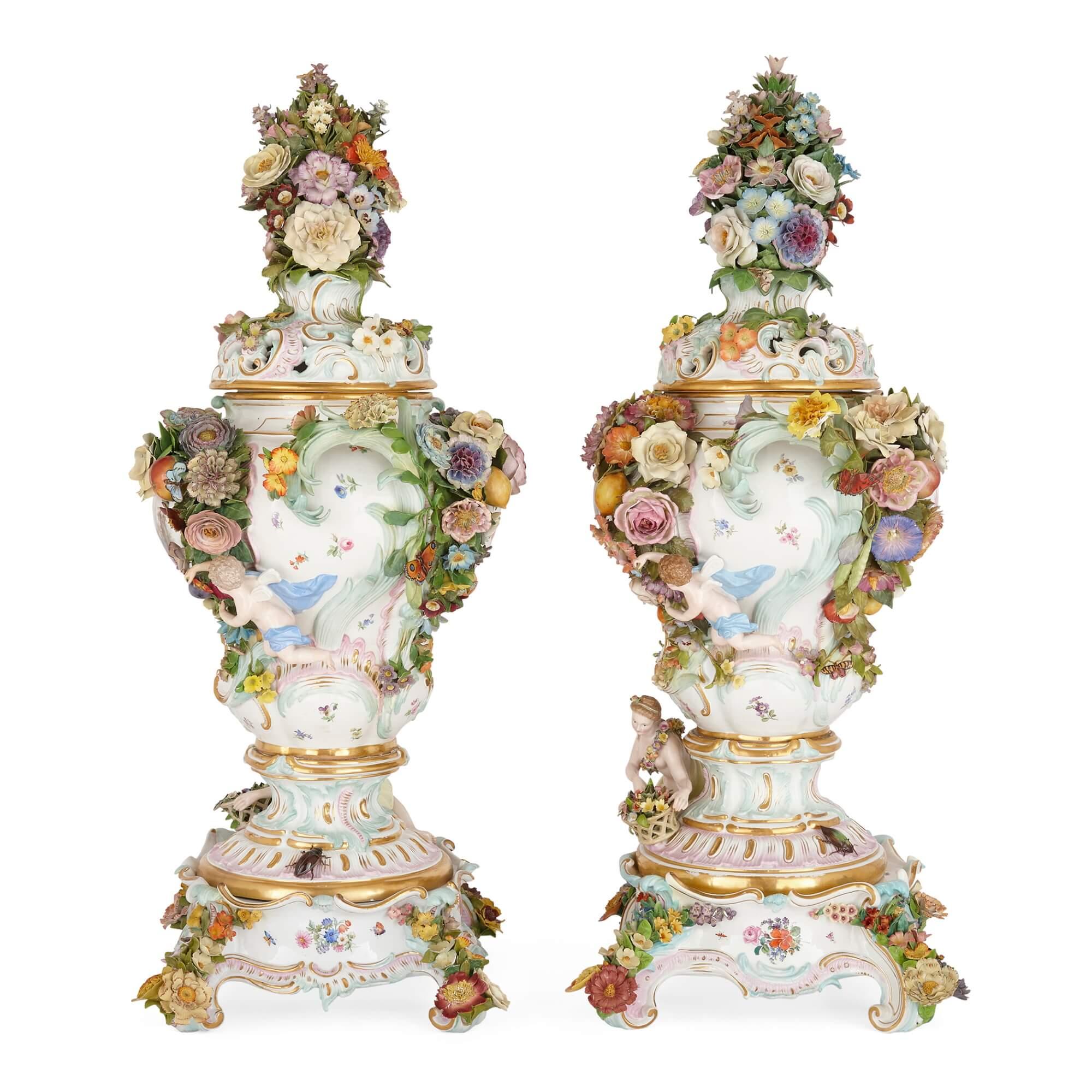 German Pair of Very Large Floral Rococo-style Meissen Potpourri Vases For Sale