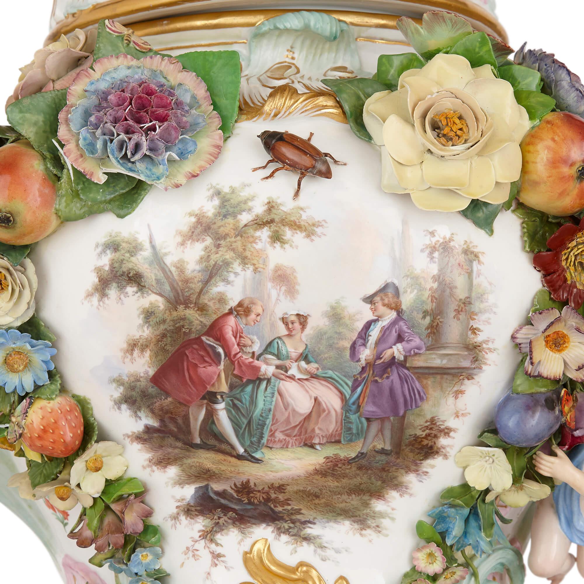 Hand-Carved Pair of Very Large Floral Rococo-style Meissen Potpourri Vases For Sale
