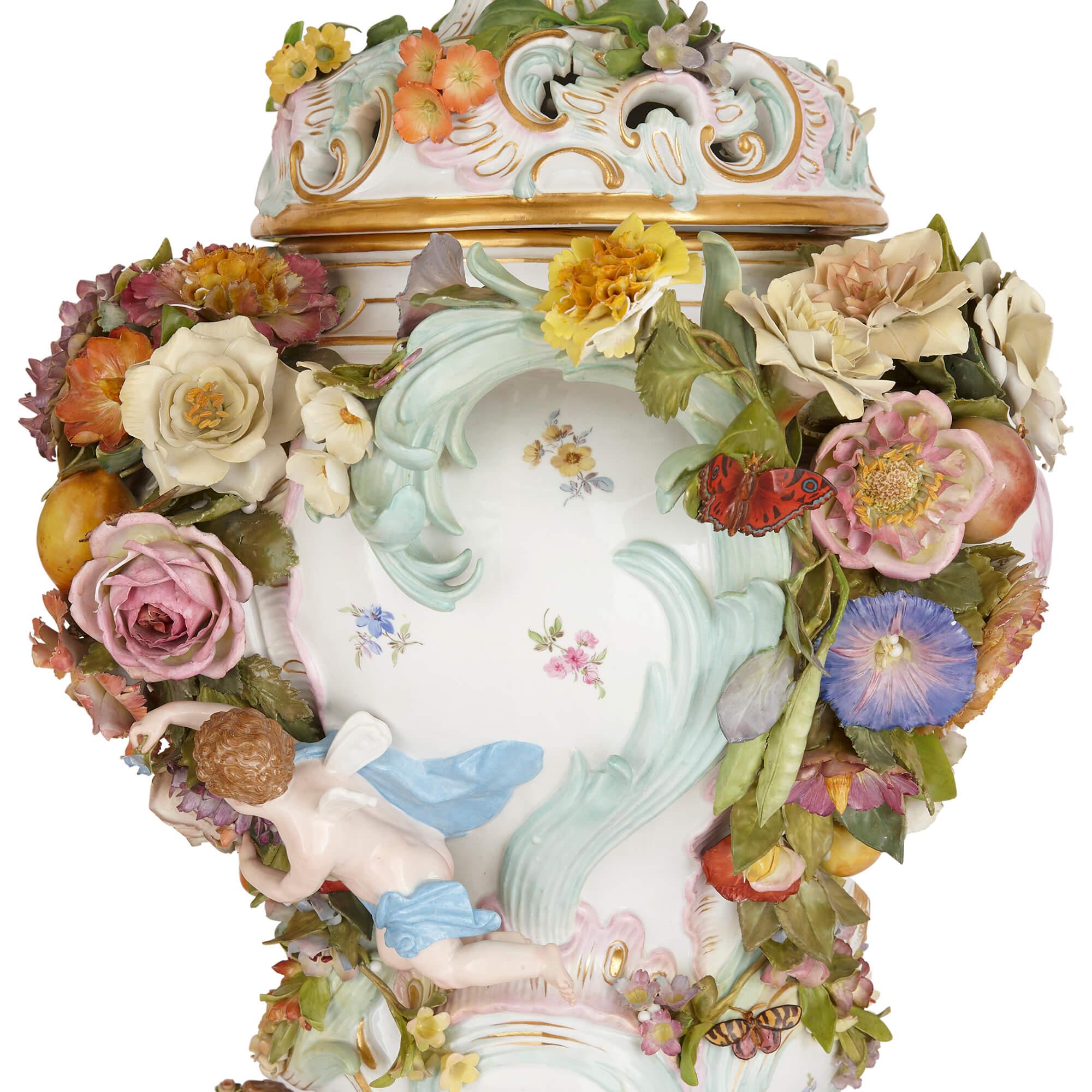 Pair of Very Large Floral Rococo-style Meissen Potpourri Vases For Sale 2