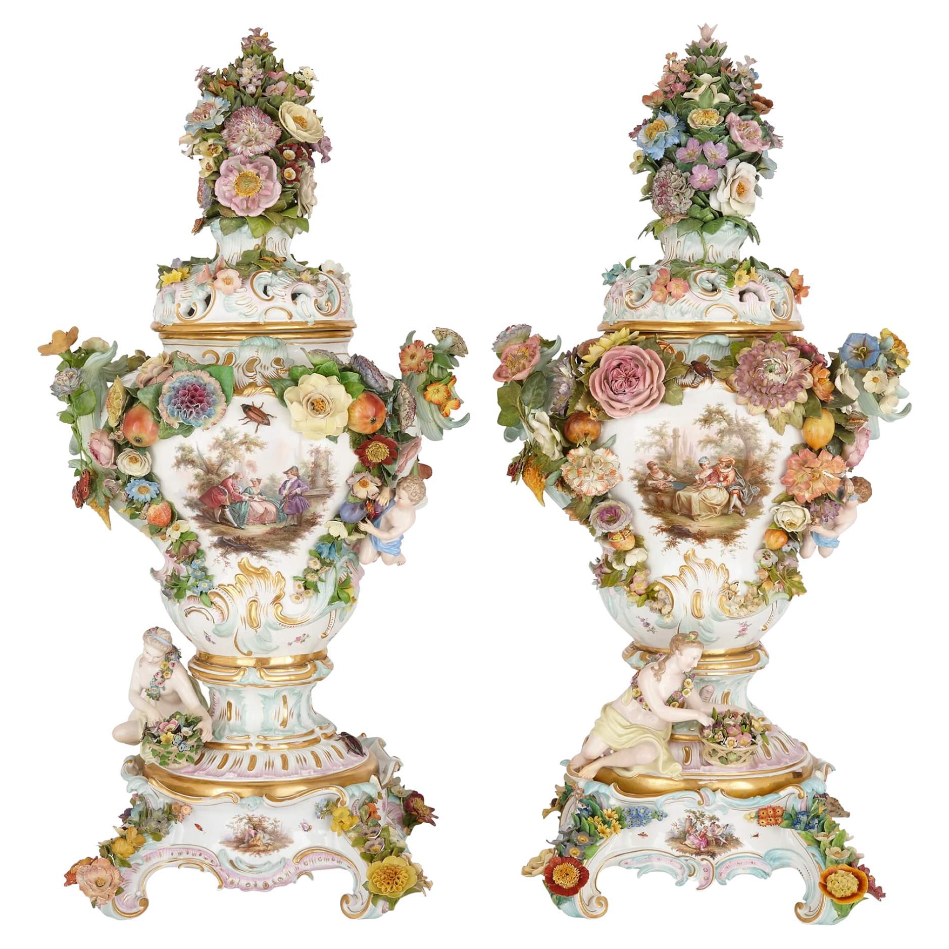 Pair of Very Large Floral Rococo-style Meissen Potpourri Vases For Sale