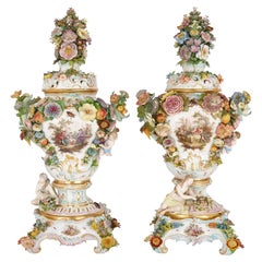 Pair of Very Large Floral Rococo-style Meissen Potpourri Vases