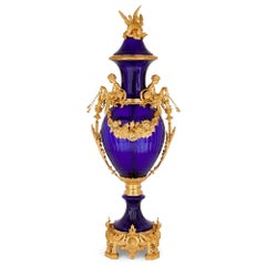 Pair of Very Large French Blue Glass and Ormolu Vases