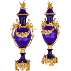 Pair of Very Large French Blue Glass and Ormolu Vases