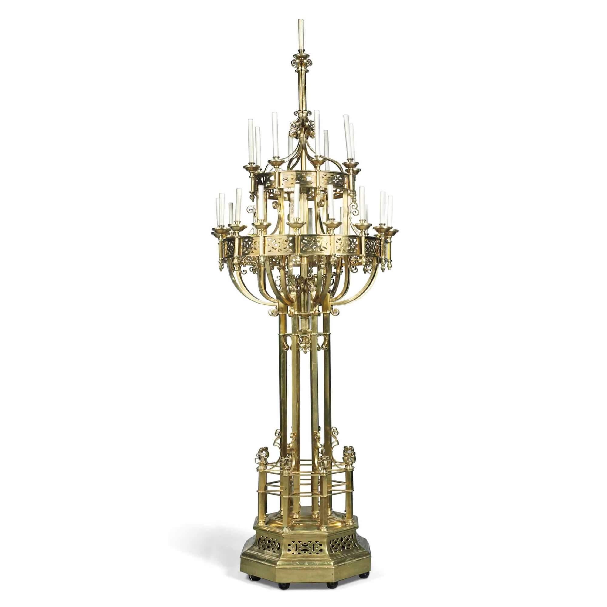 Pair of Very Large French Brass Candelabra in the Gothic Revival Style In Good Condition For Sale In London, GB