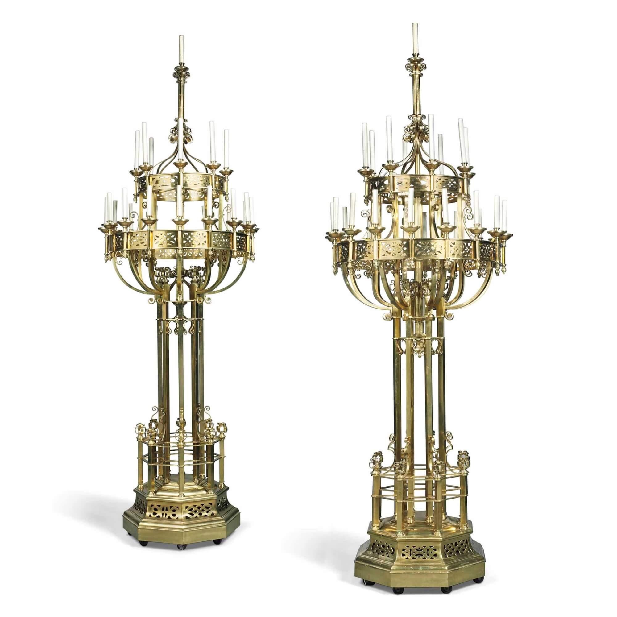 20th Century Pair of Very Large French Brass Candelabra in the Gothic Revival Style For Sale