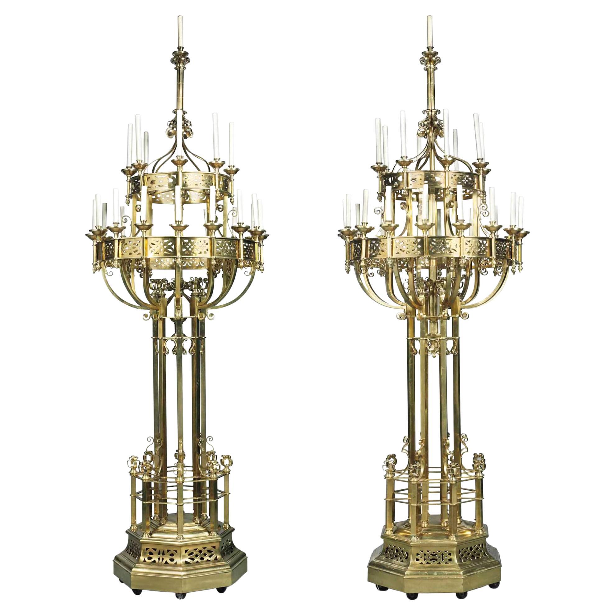 Pair of Very Large French Brass Candelabra in the Gothic Revival Style