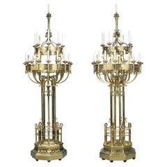 Pair of Very Large French Brass Candelabra in the Gothic Revival Style