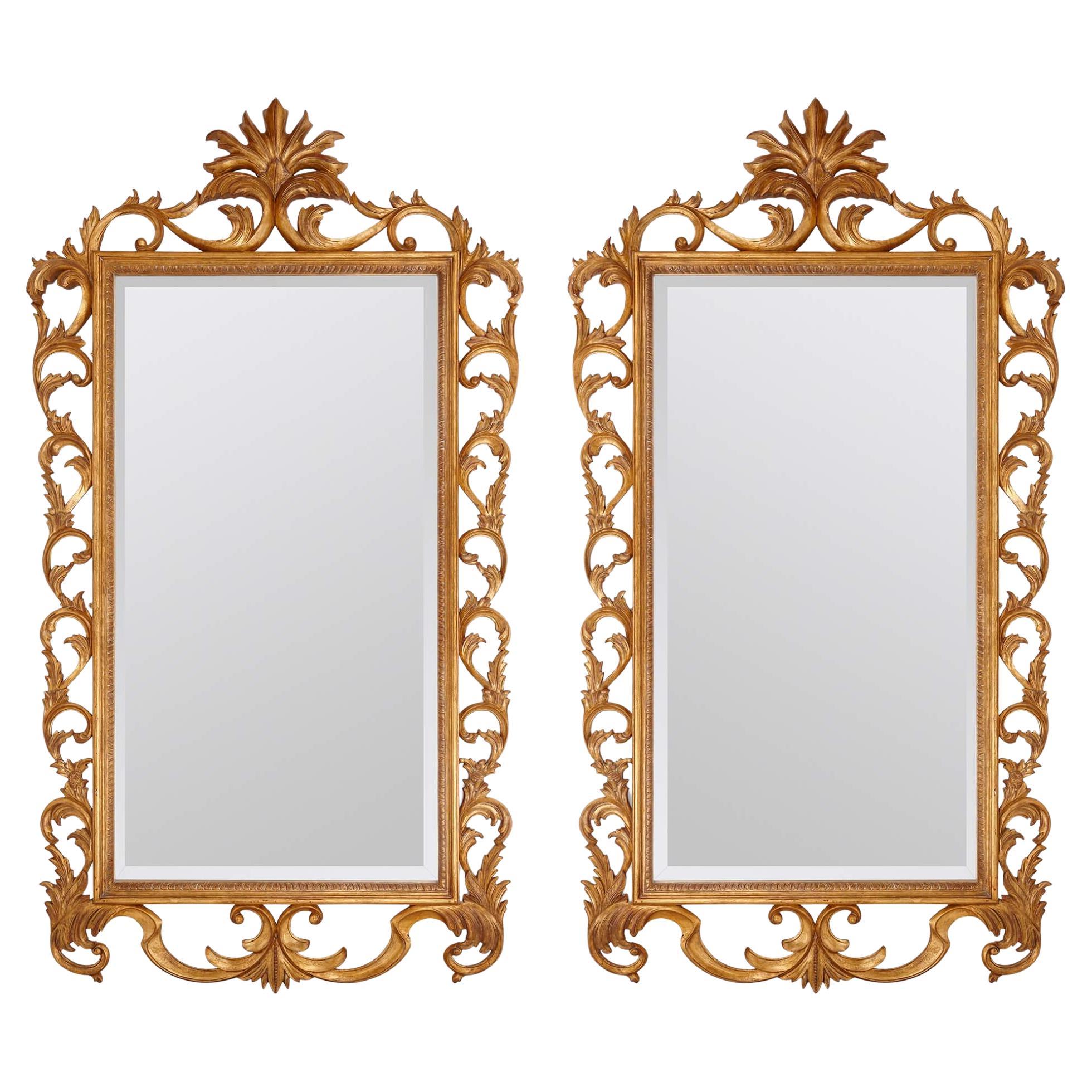 Pair of Very Large French Giltwood Mirrors with Scrolled Acanthus Borders