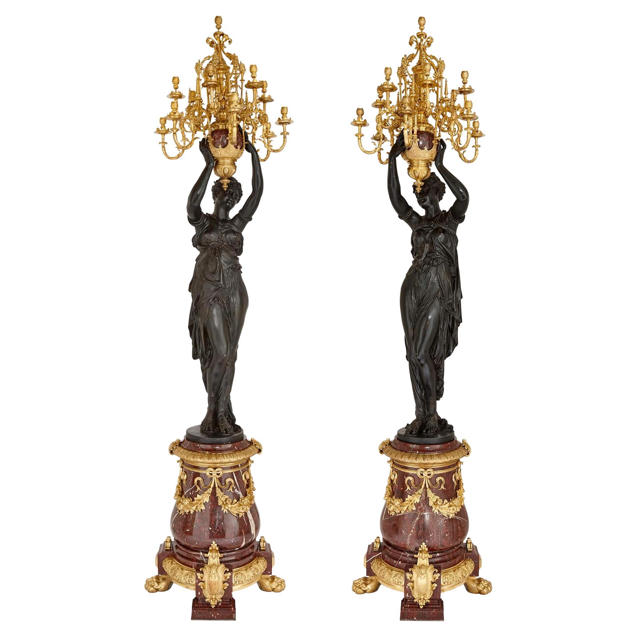 Pair of Very Large French Patinated and Gilt Bronze Candelabra