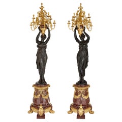 Pair of Very Large French Patinated and Gilt Bronze Candelabra