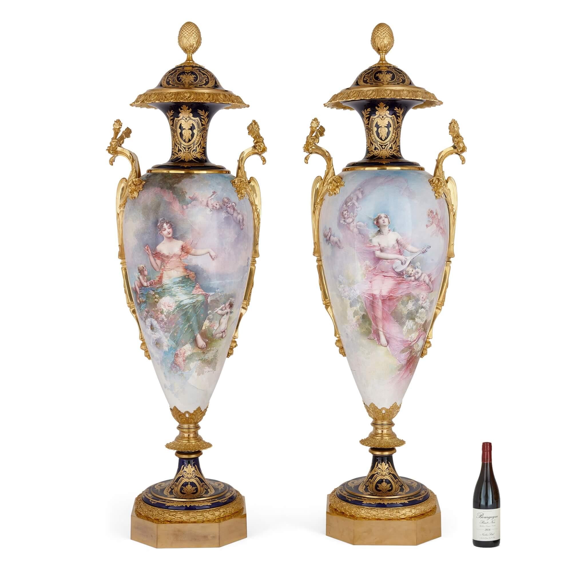 Pair of Very Large French Sèvres Style Porcelain and Ormolu Vases For Sale 2