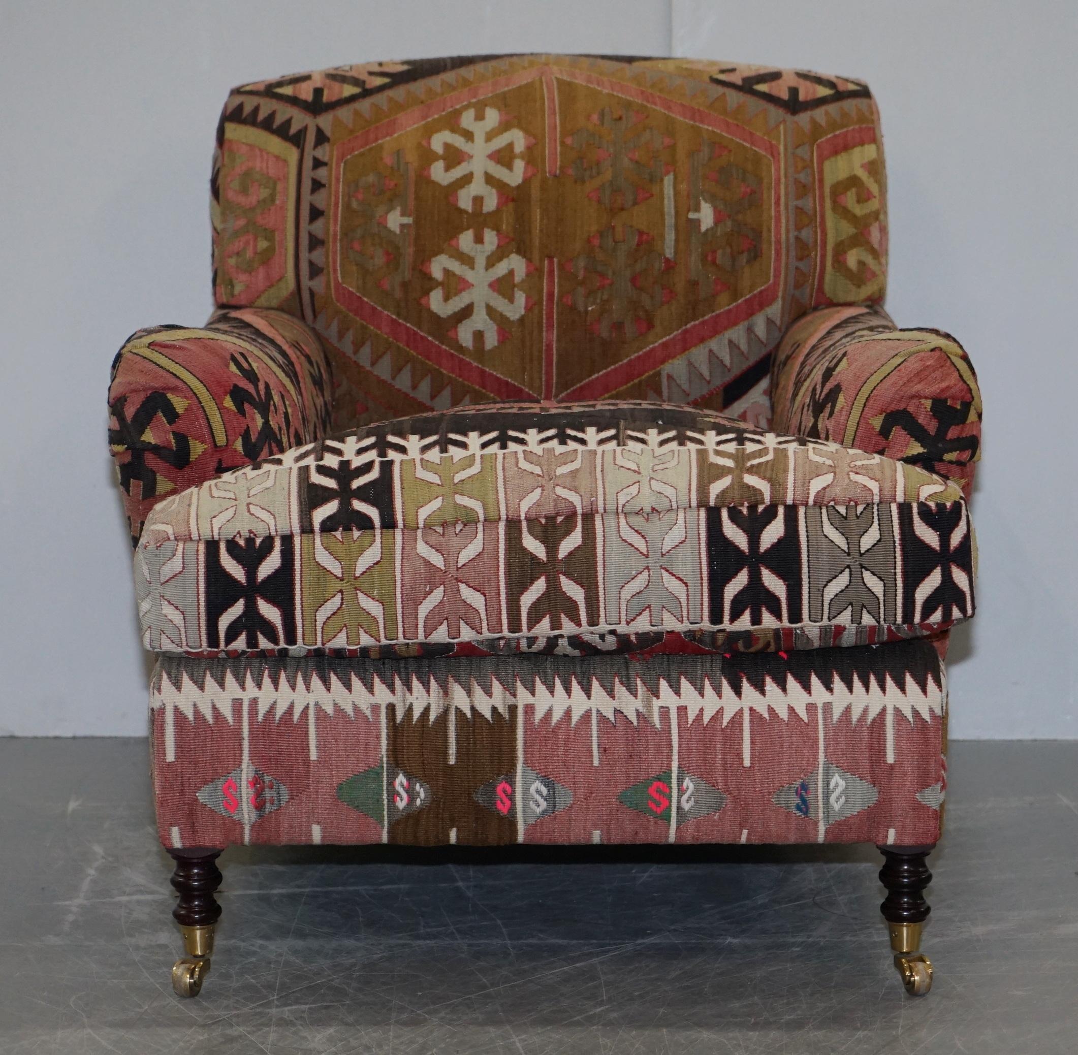 Art Deco Pair of Very Large George Smith Signature Scroll Arm Kilim Aztec Armchairs