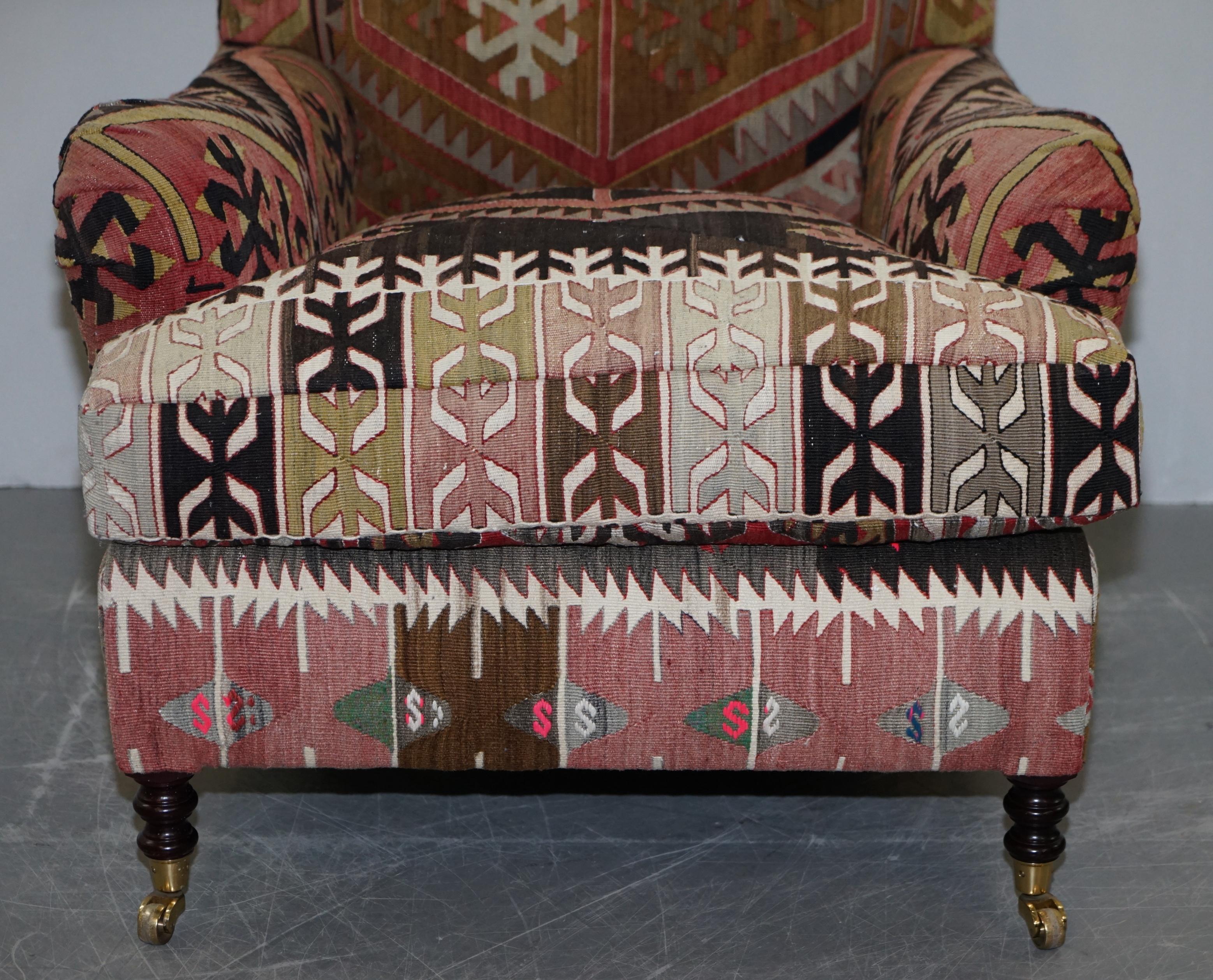 English Pair of Very Large George Smith Signature Scroll Arm Kilim Aztec Armchairs