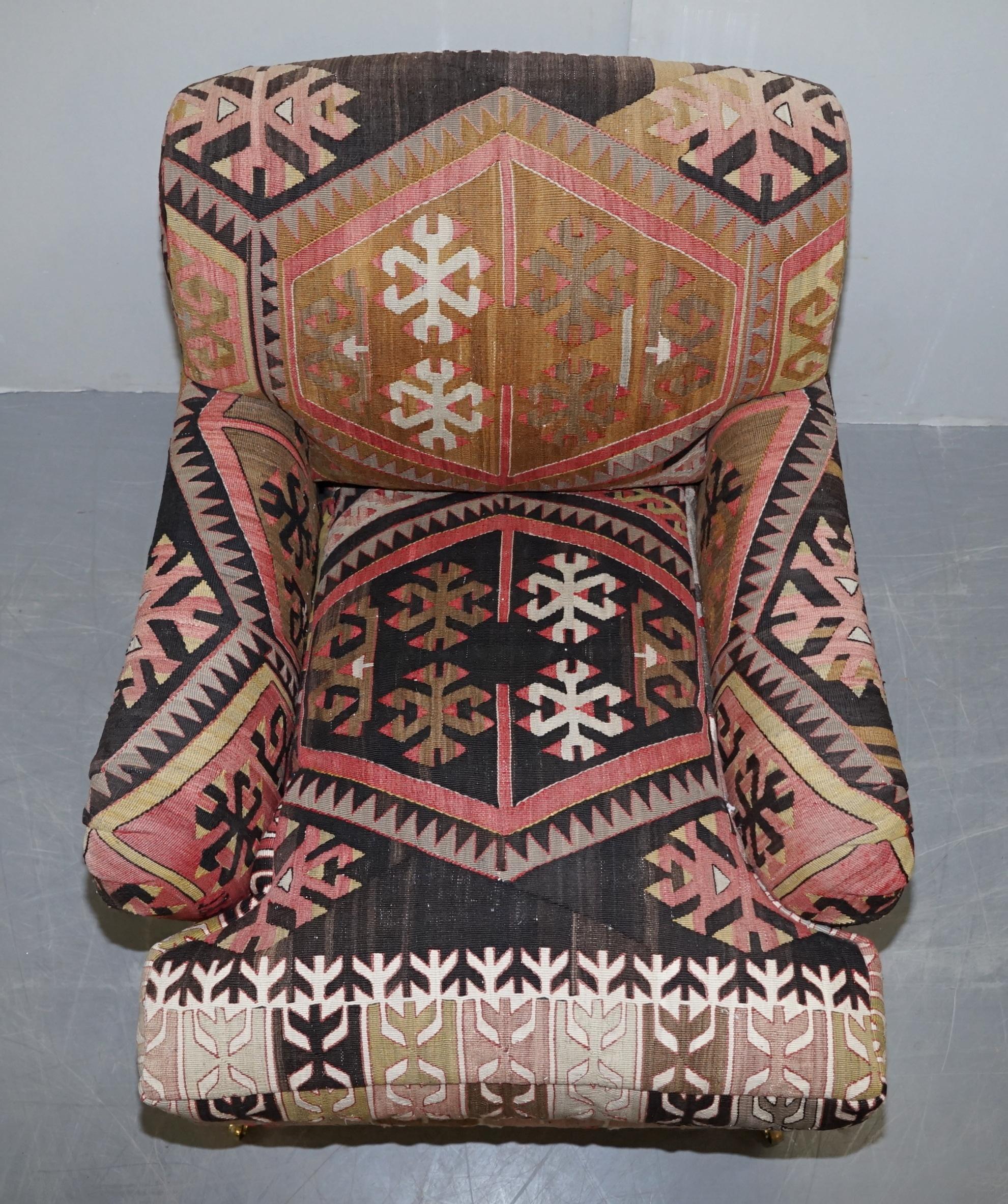 Hand-Crafted Pair of Very Large George Smith Signature Scroll Arm Kilim Aztec Armchairs