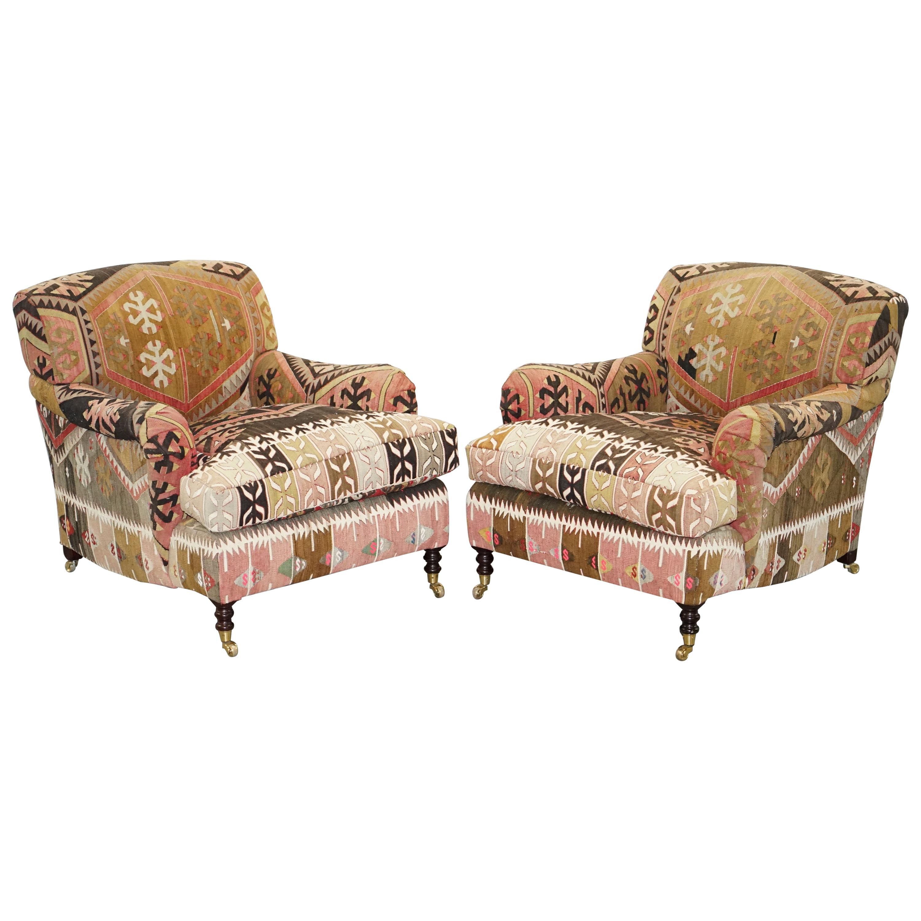 Pair of Very Large George Smith Signature Scroll Arm Kilim Aztec Armchairs
