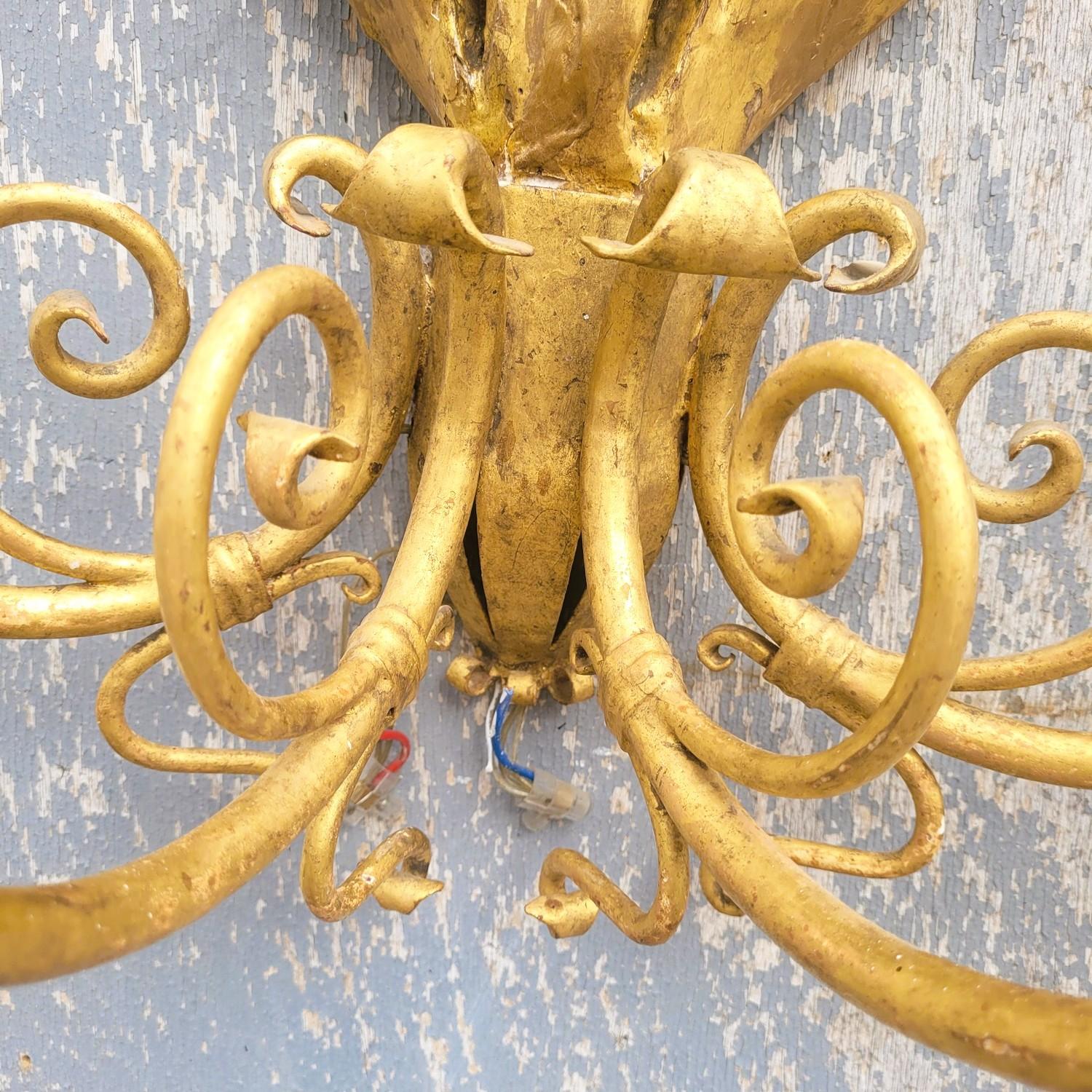 Pair Of Very Large Gilded Wood Sconces, 130cm, Early 20th Century For Sale 4