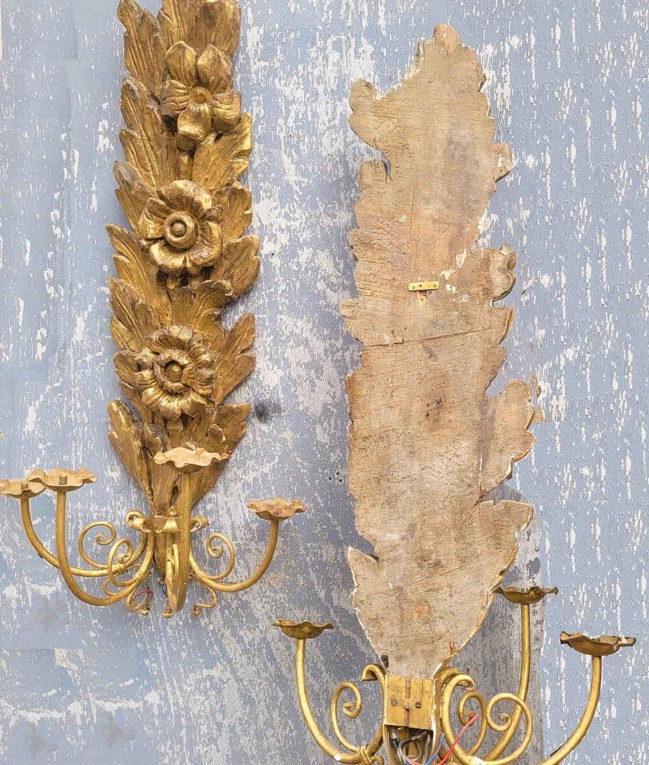 Pair Of Very Large Gilded Wood Sconces, 130cm, Early 20th Century For Sale 9