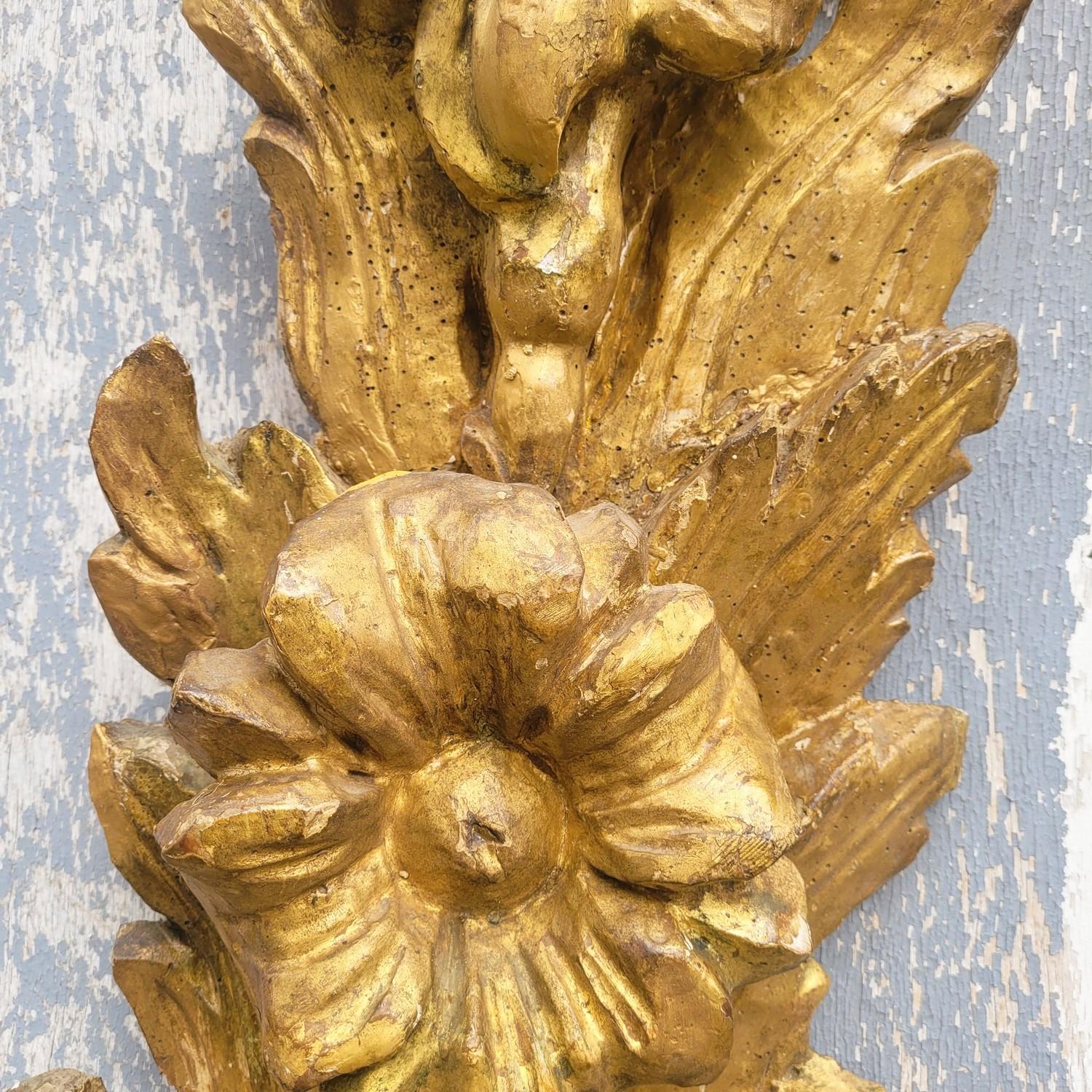 Baroque Pair Of Very Large Gilded Wood Sconces, 130cm, Early 20th Century For Sale