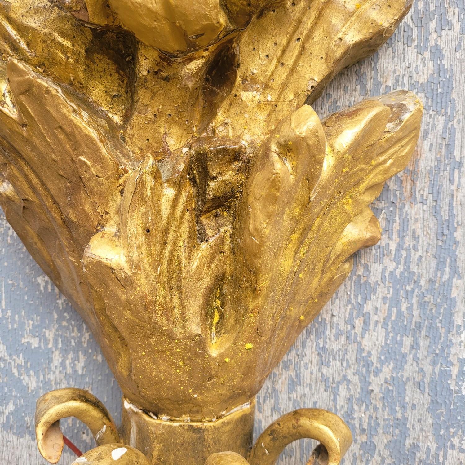 Pair Of Very Large Gilded Wood Sconces, 130cm, Early 20th Century In Good Condition For Sale In MARSEILLE, FR