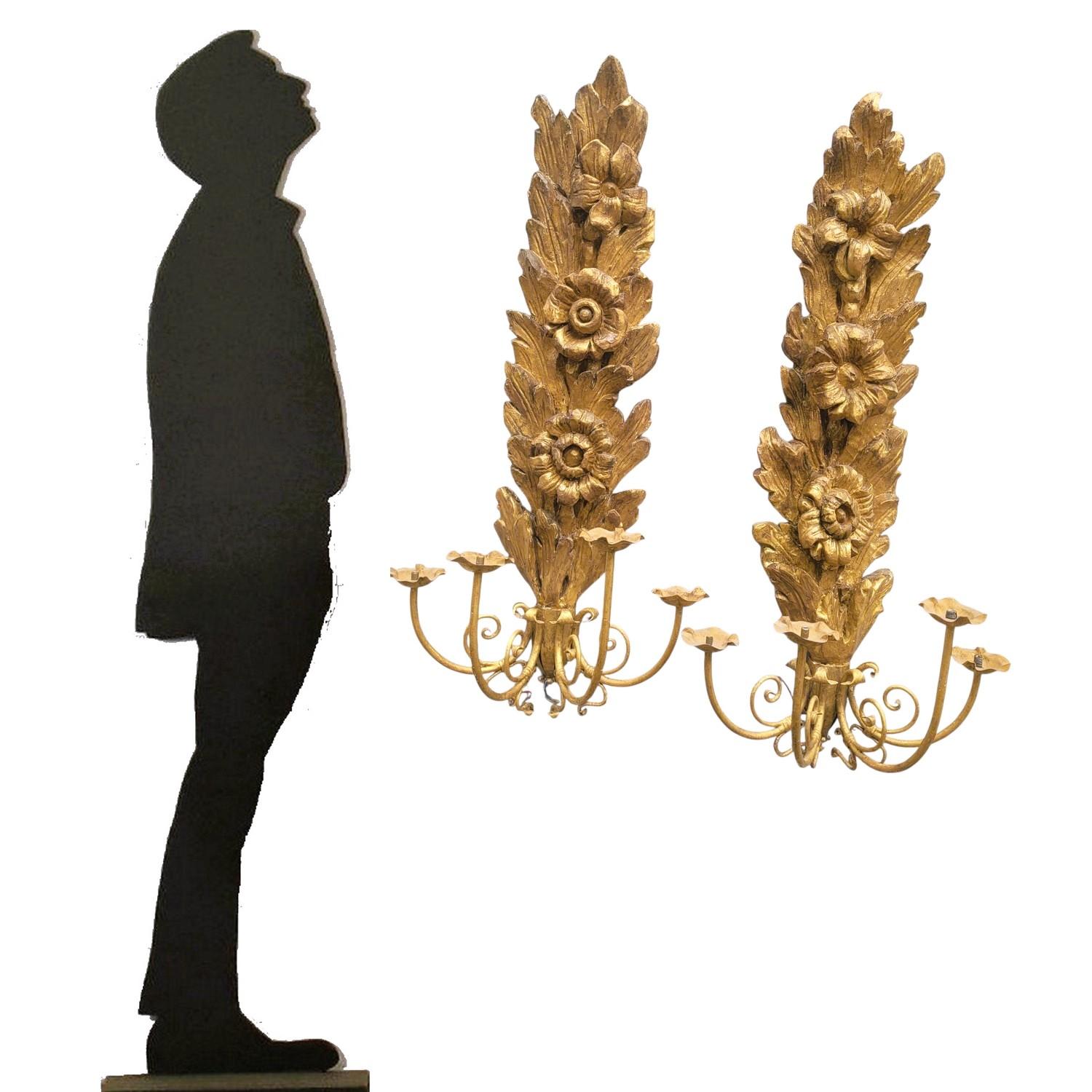 Iron Pair Of Very Large Gilded Wood Sconces, 130cm, Early 20th Century For Sale