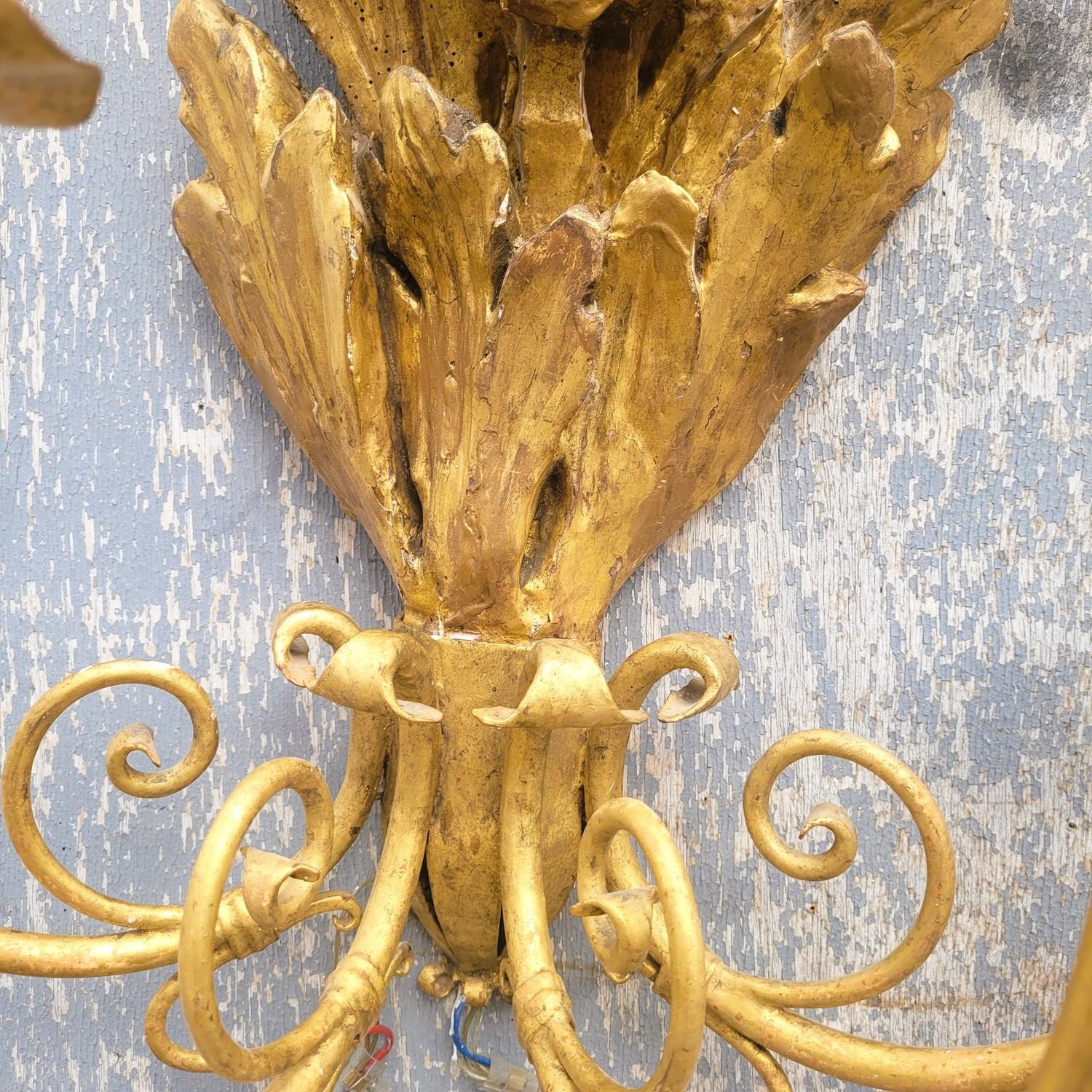 Pair Of Very Large Gilded Wood Sconces, 130cm, Early 20th Century For Sale 3