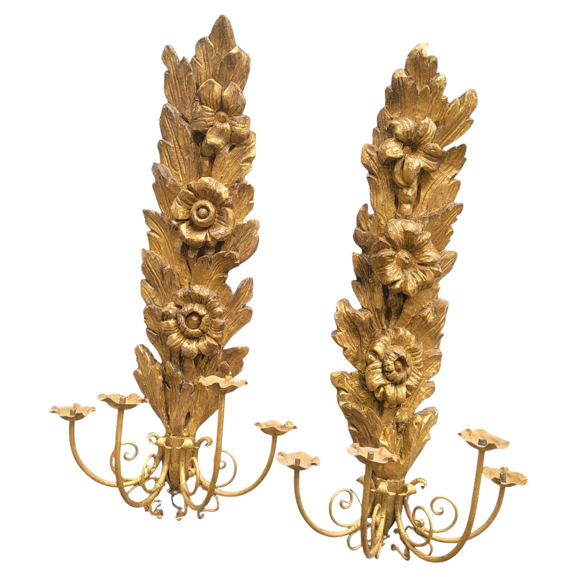 Pair Of Very Large Gilded Wood Sconces, 130cm, Early 20th Century For Sale