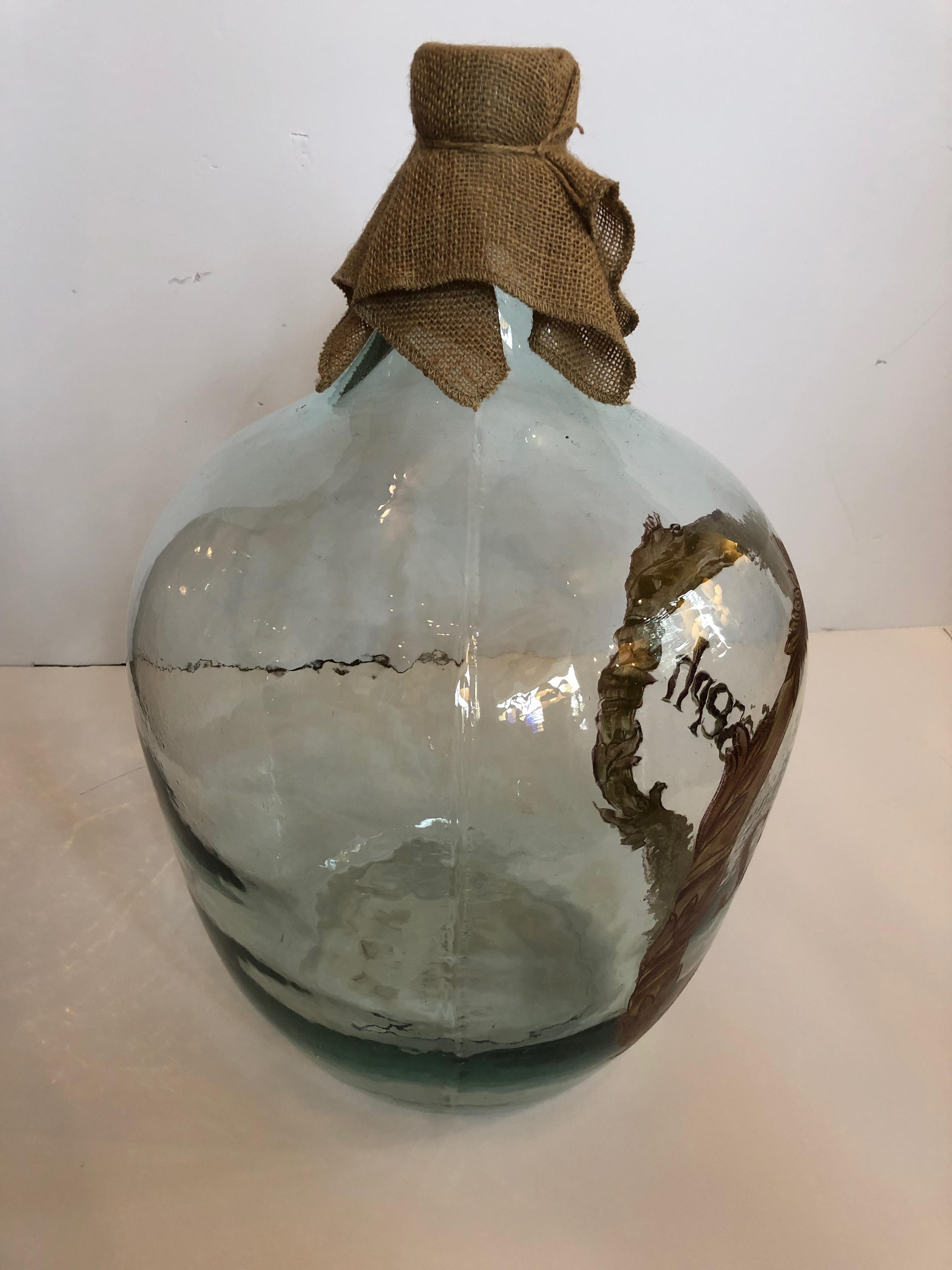 Blown Glass Pair of Very Large Hand Painted Wine Jars
