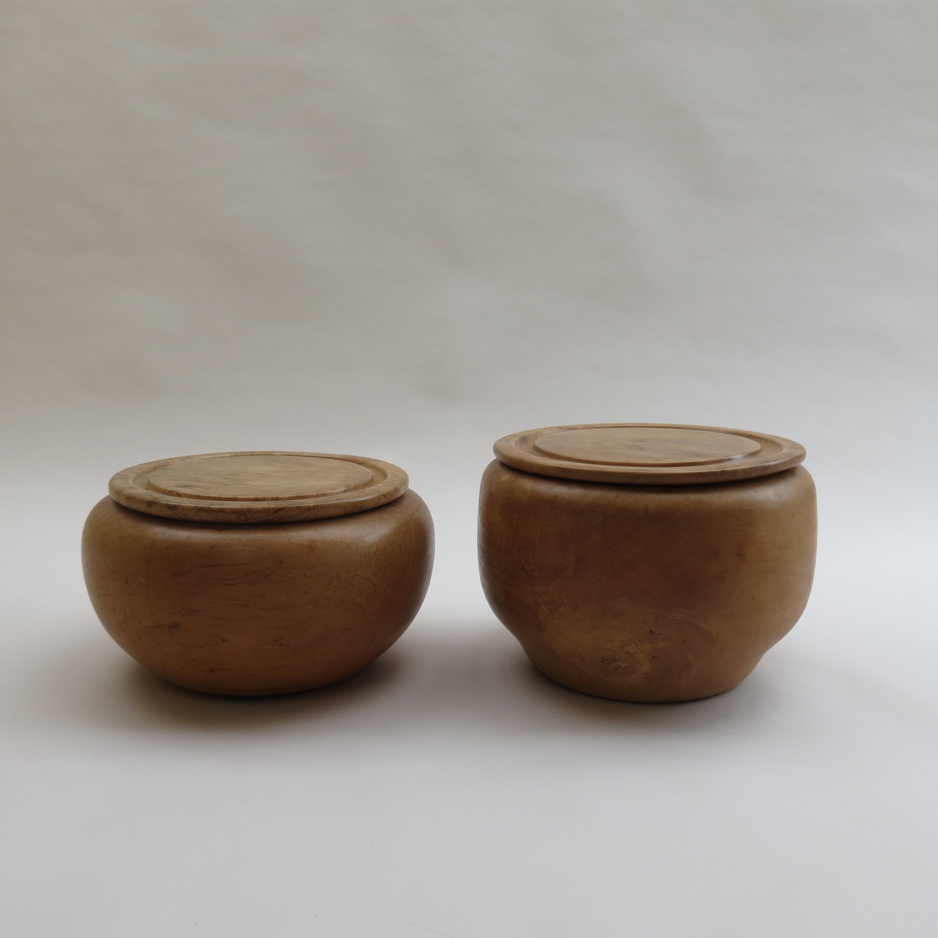 Bohemian Pair of Very Large Hand Turned Lidded Pots in Beech