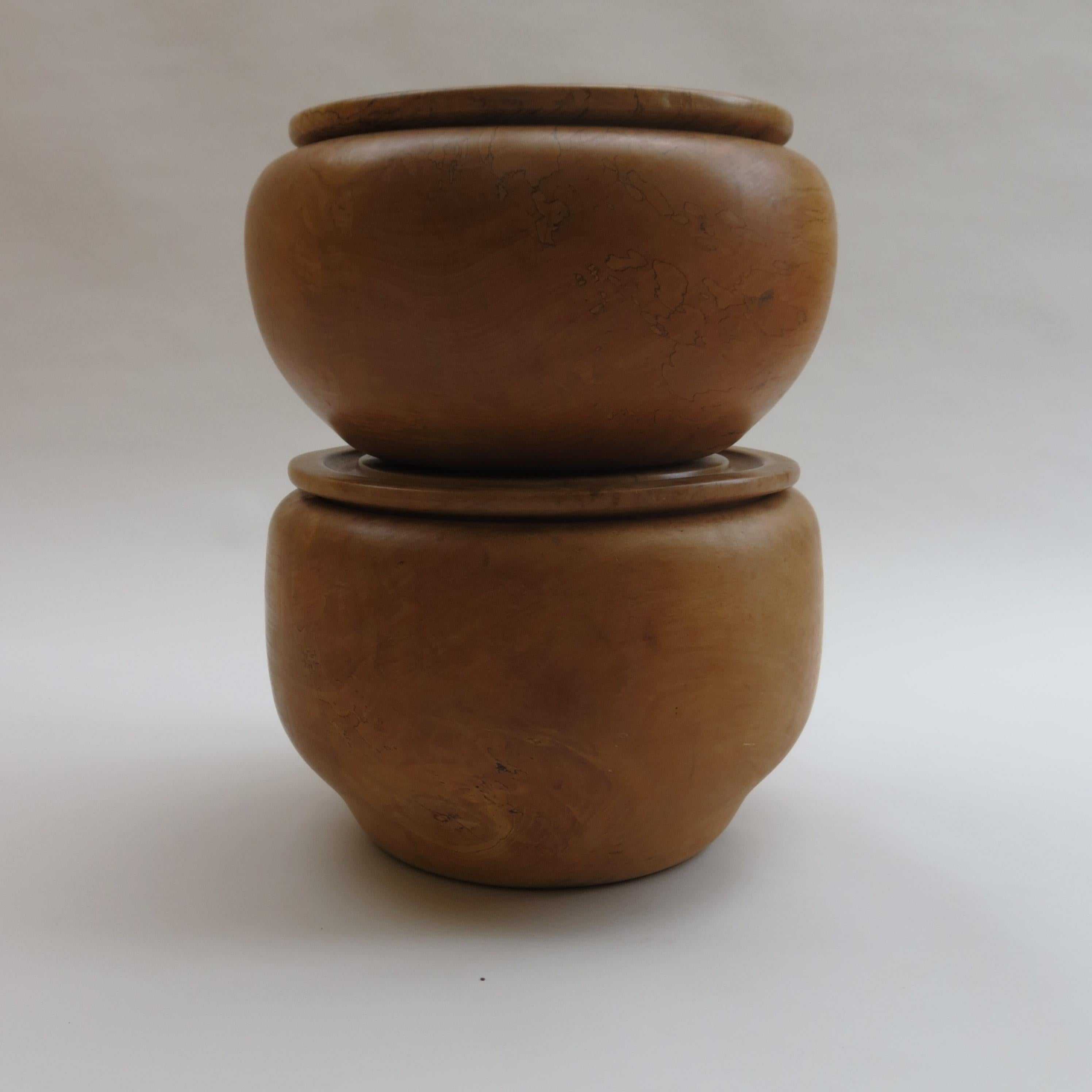 English Pair of Very Large Hand Turned Lidded Pots in Beech