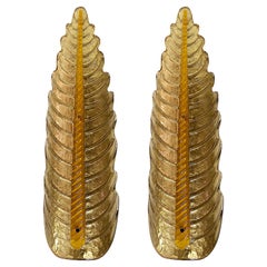 Pair of Very Large Italian Leaf Form Murano Glass and Brass Wall Light Sconces