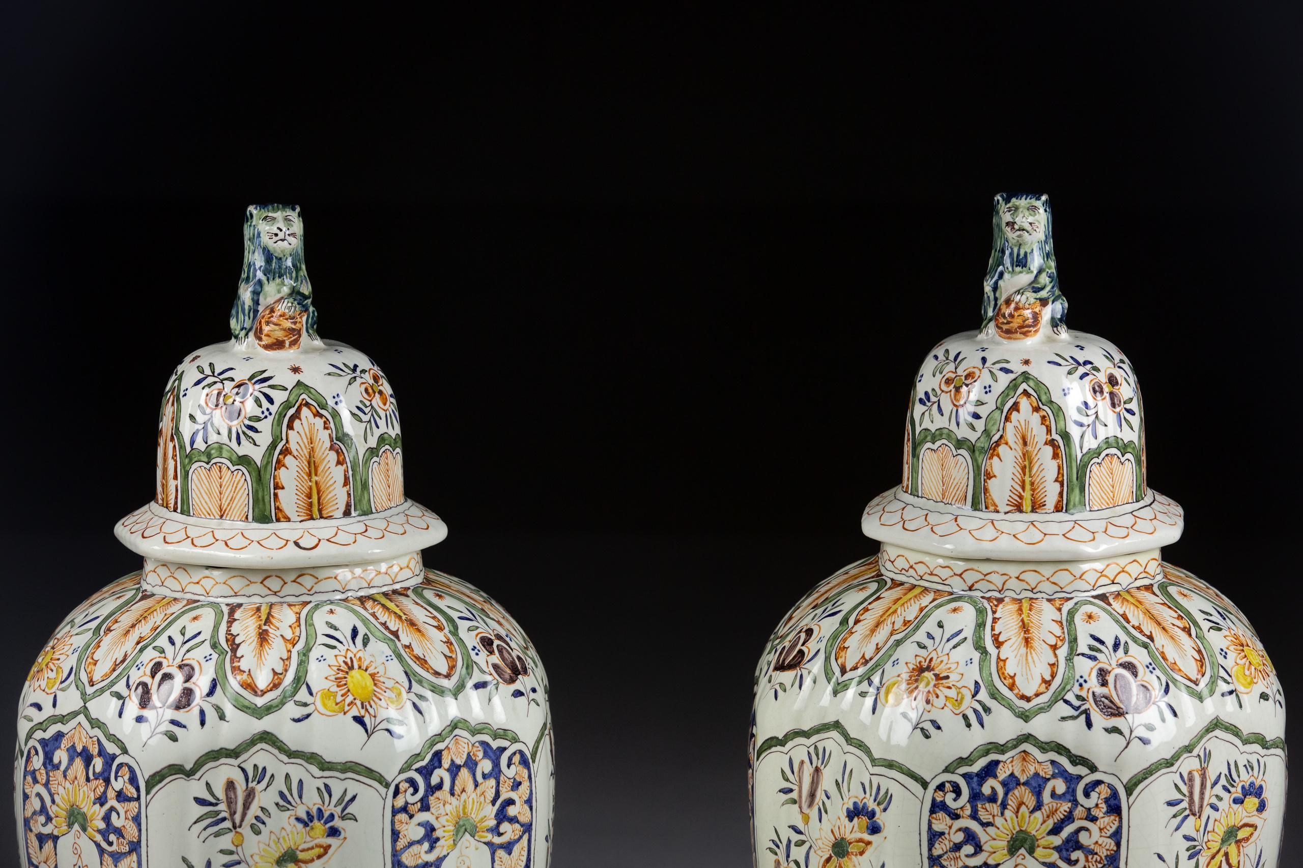 French Pair of Very Large Late 19th Century Delft Covered Vase