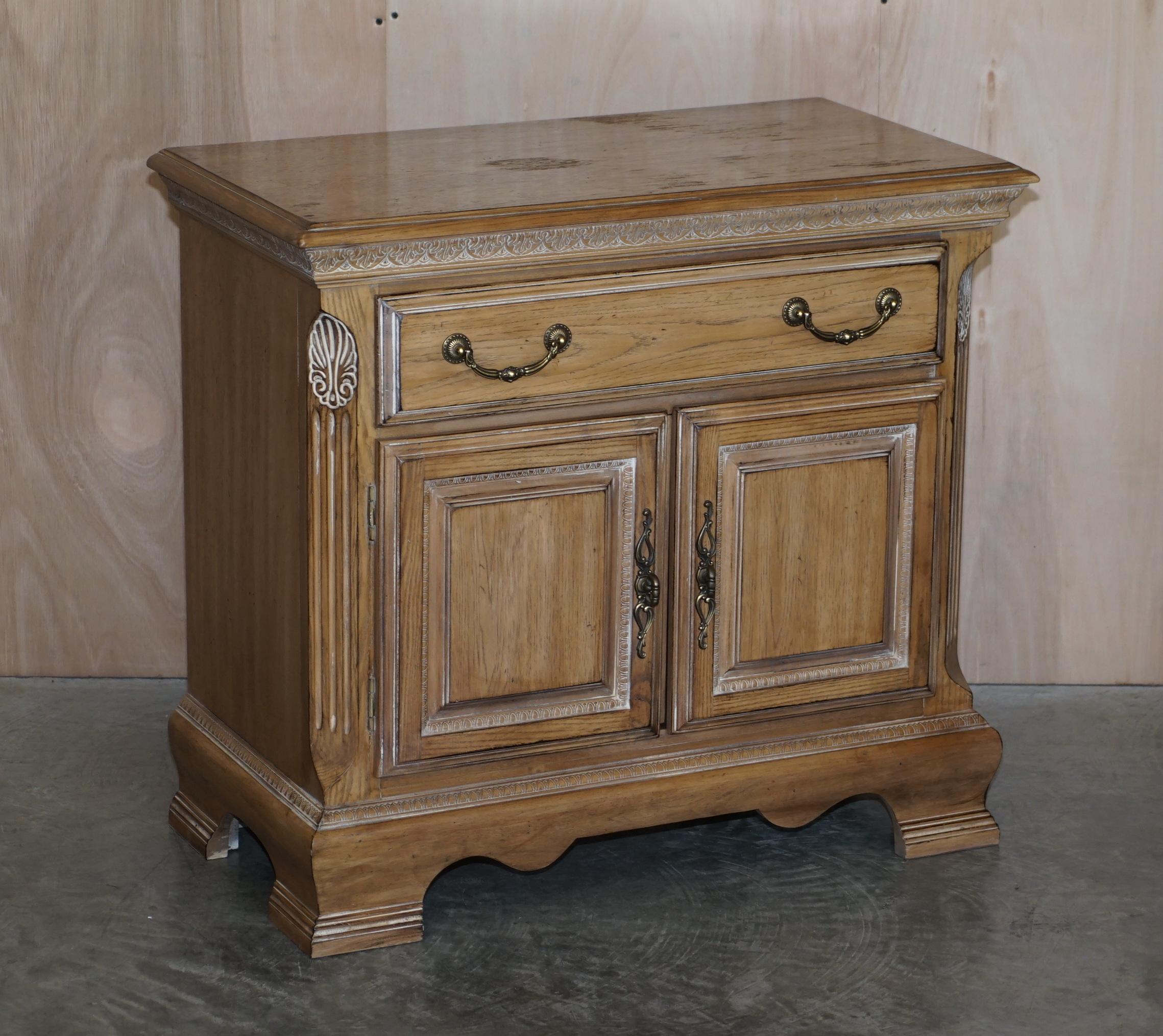 We are delighted to offer for sale this very decorative, ornately crafted pair of Limed Oak bedside table nightstands

This pair are part of a suite

A very good looking and expertly crafted pair, they can be used in the bedroom context as