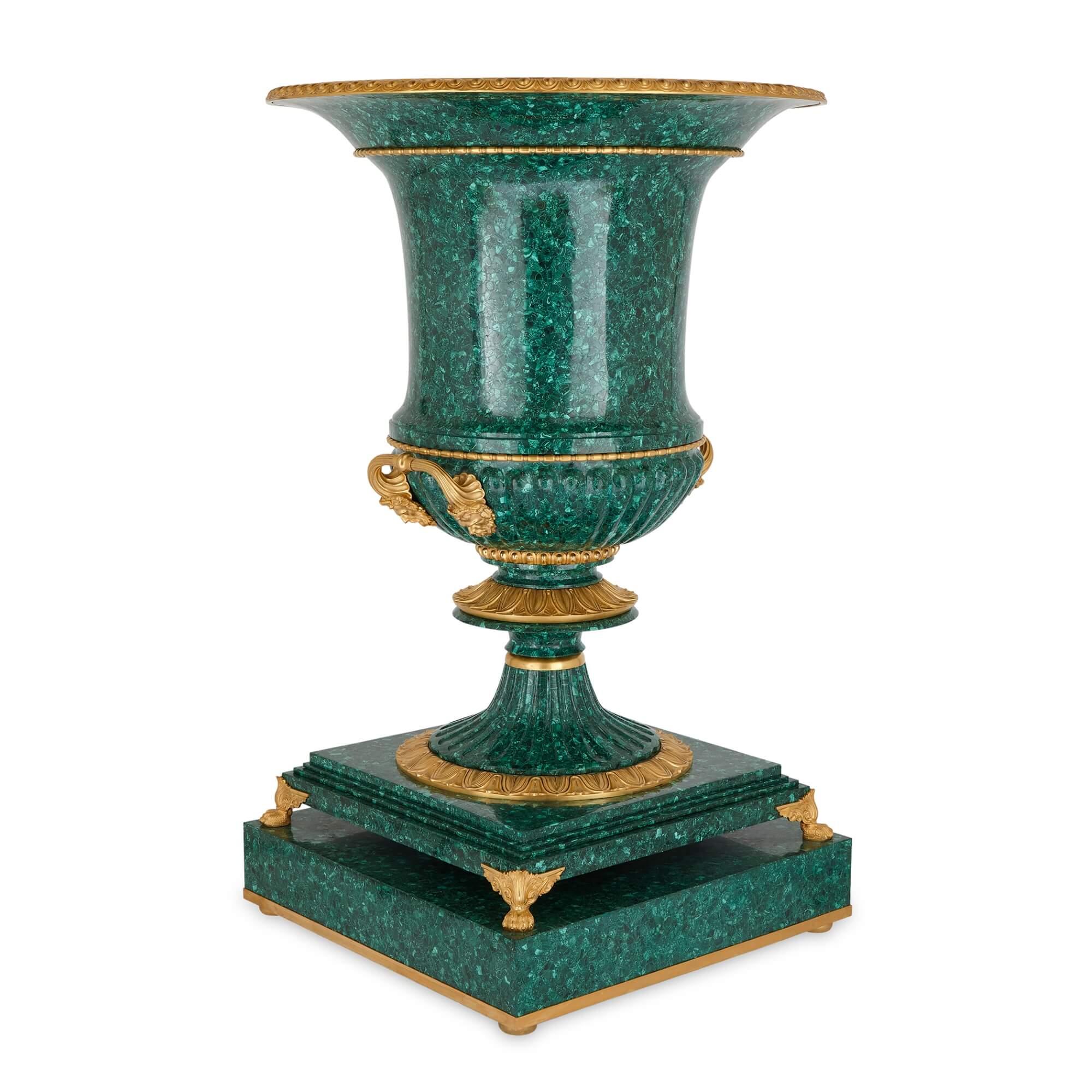 Neoclassical Pair of Very Large Malachite and Ormolu Vases For Sale