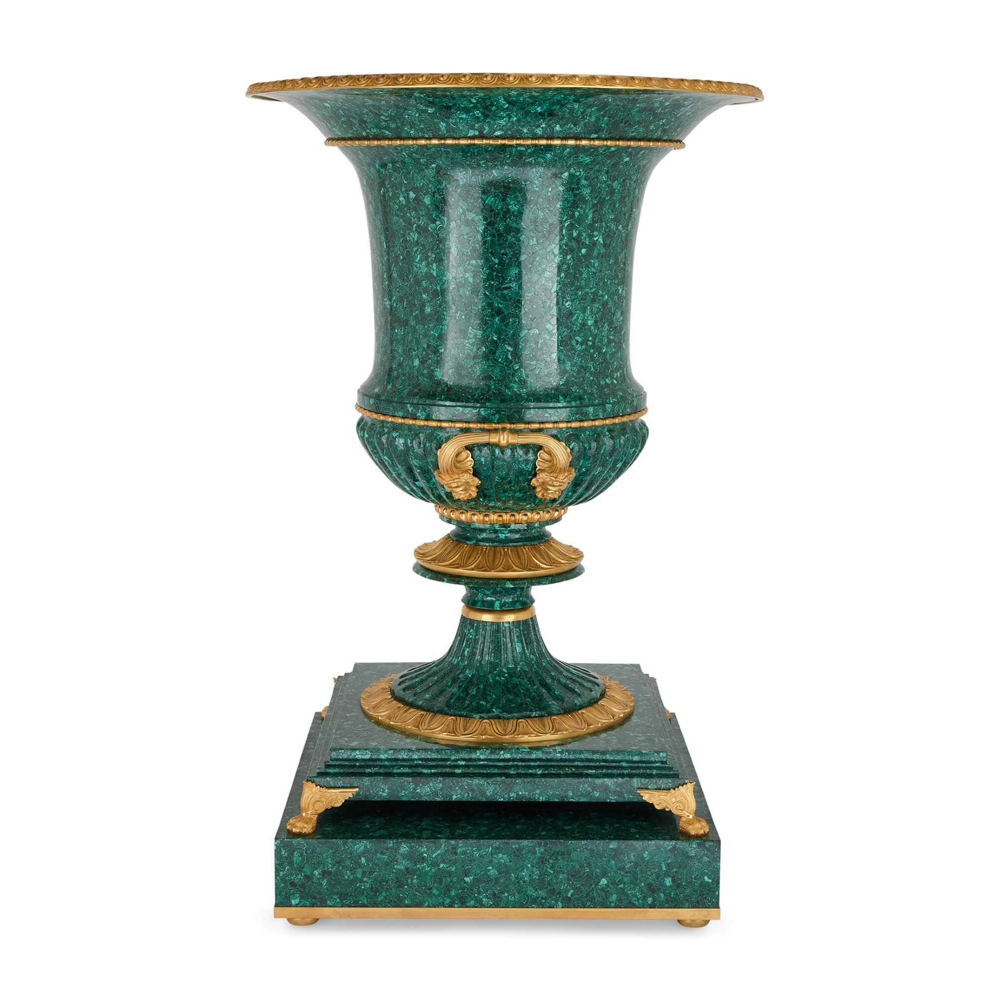 French Pair of Very Large Malachite and Ormolu Vases For Sale