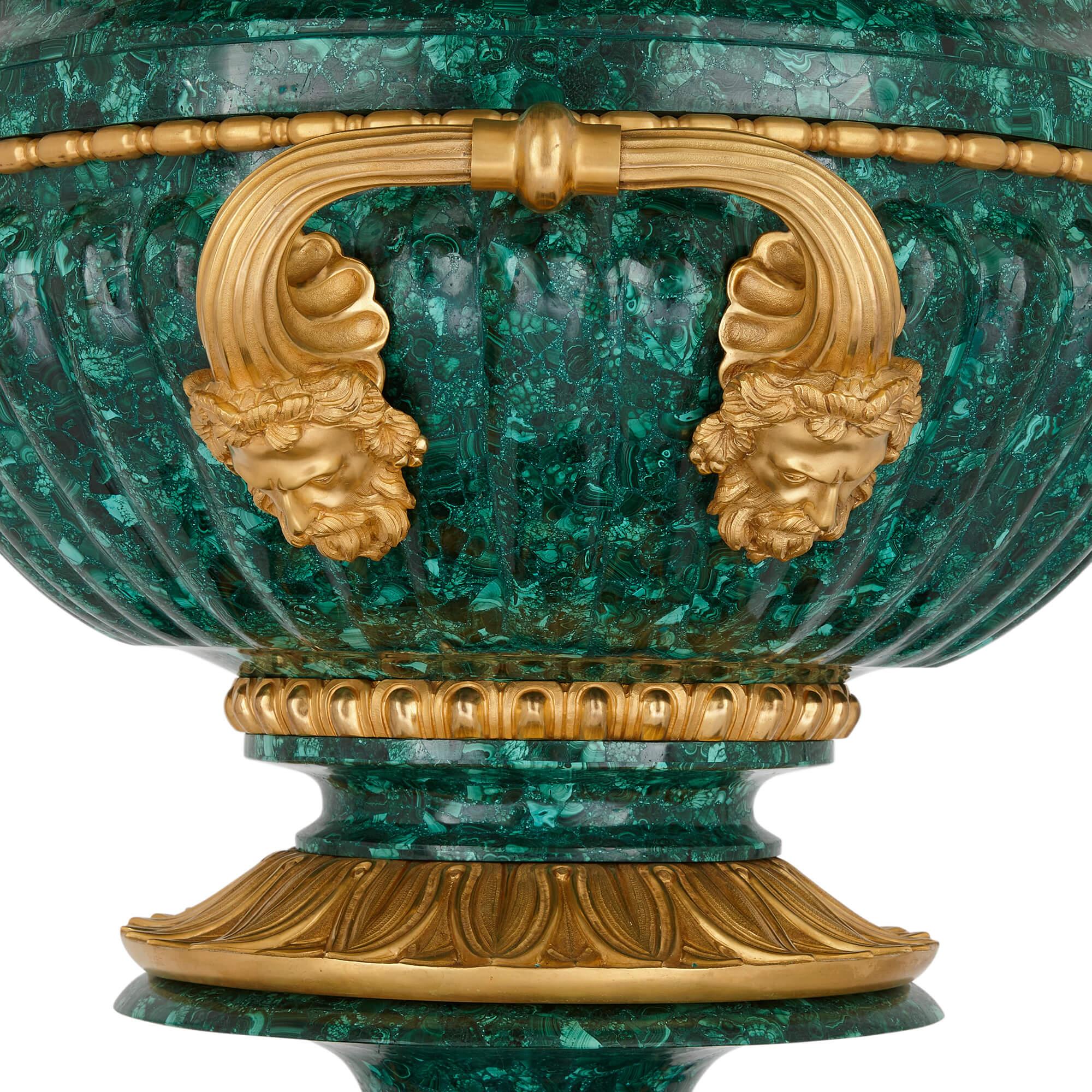 Gilt Pair of Very Large Malachite and Ormolu Vases For Sale